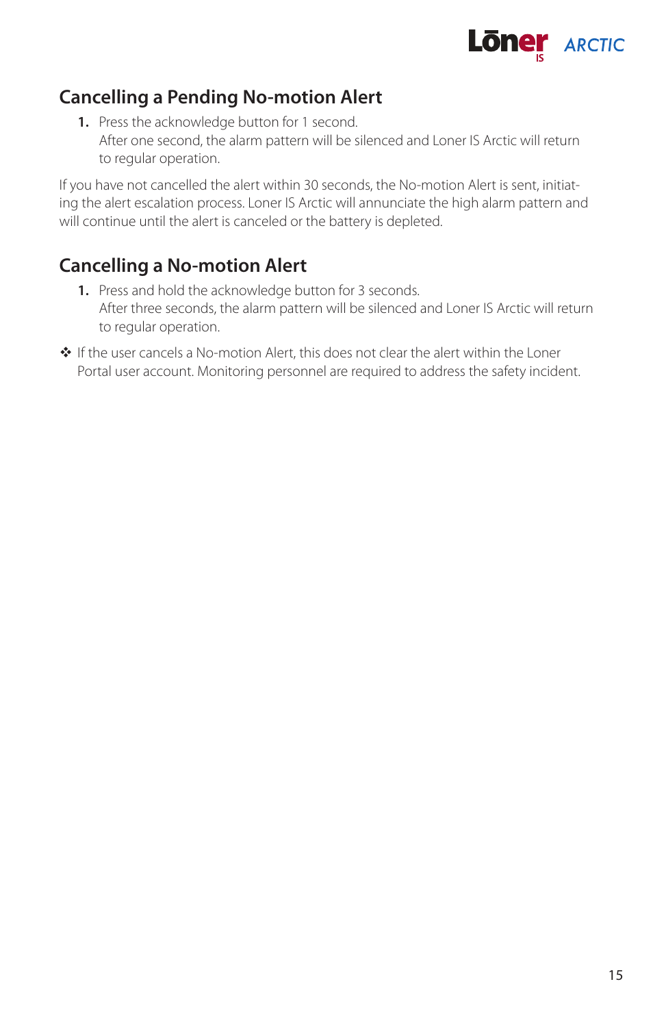 Cancelling a pending no-motion alert, Cancelling a no-motion alert | Blackline GPS Loner IS Arctic User Manual | Page 17 / 24