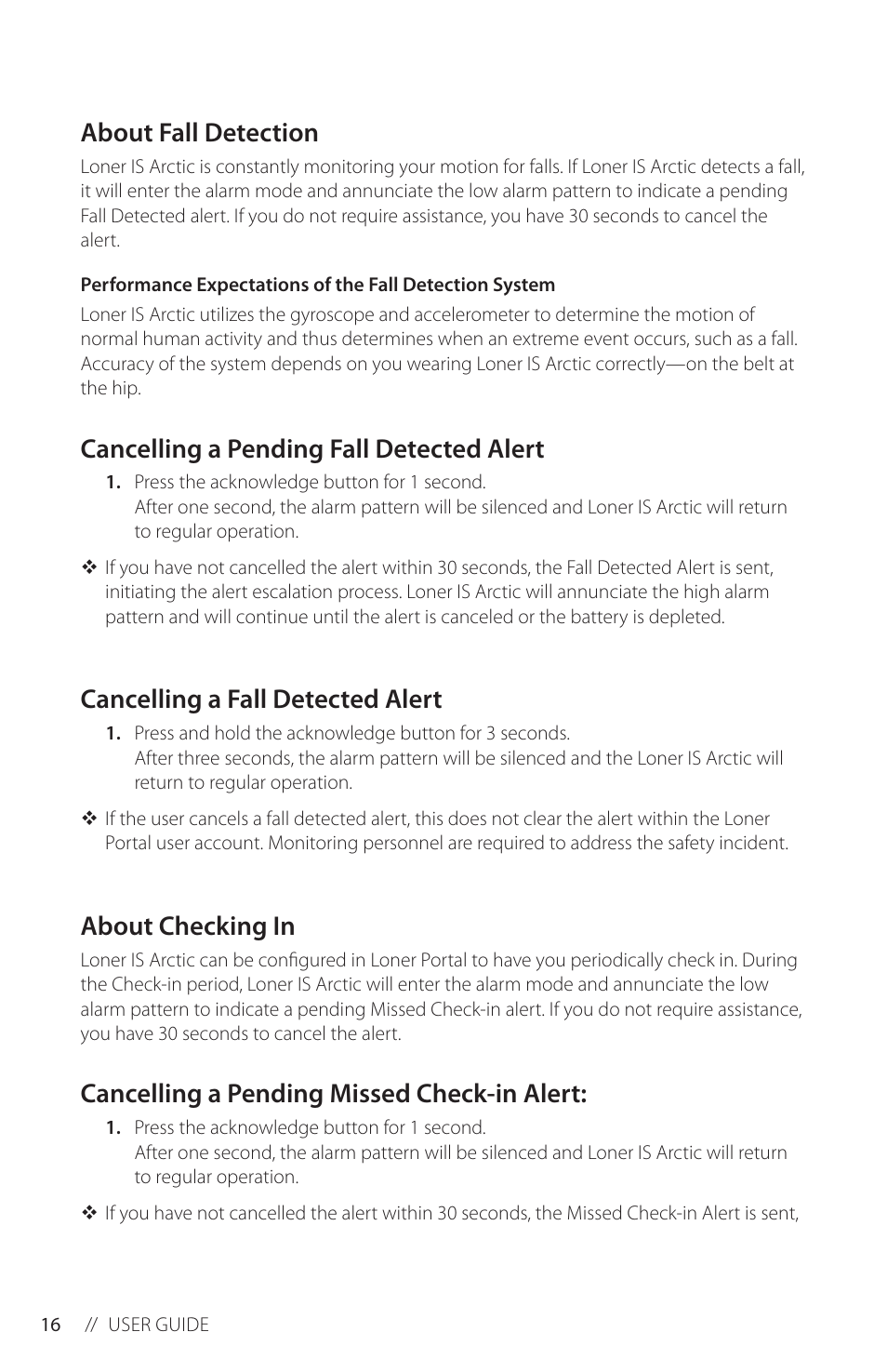 About fall detection, Cancelling a pending fall detected alert, Cancelling a fall detected alert | About checking in, Cancelling a pending missed check-in alert | Blackline GPS Loner IS Arctic User Manual | Page 18 / 24