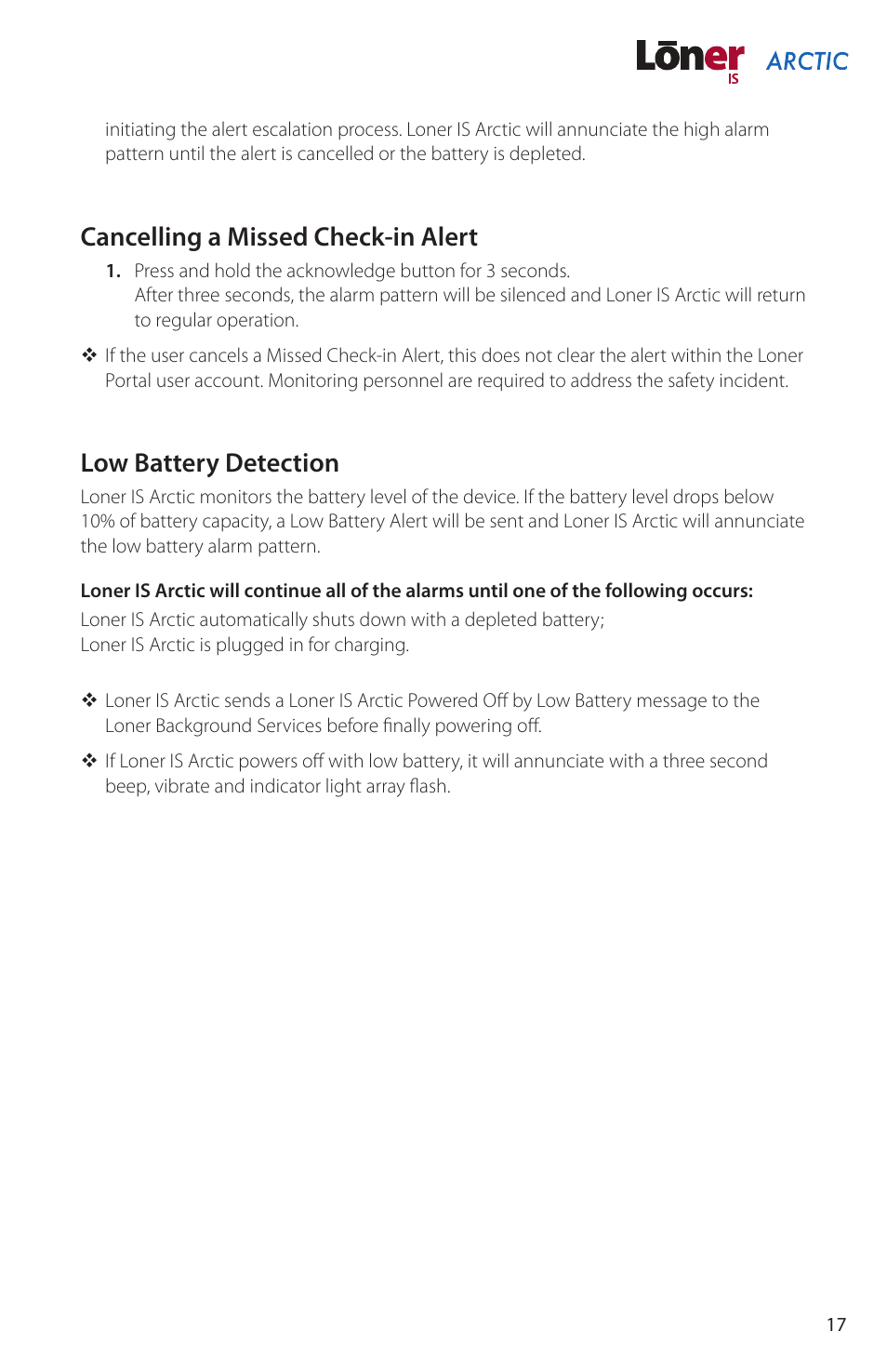 Cancelling a missed check-in alert, Low battery detection | Blackline GPS Loner IS Arctic User Manual | Page 19 / 24