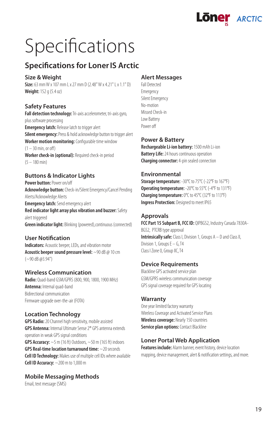 Specifications, Specifications for loner is, Specifications for loner is arctic | Blackline GPS Loner IS Arctic User Manual | Page 21 / 24