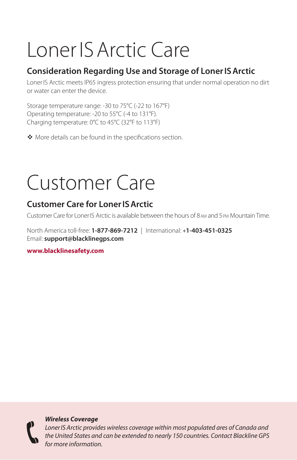 Loner is care, Customer care, Customer care for loner is | Loner is arctic care | Blackline GPS Loner IS Arctic User Manual | Page 22 / 24