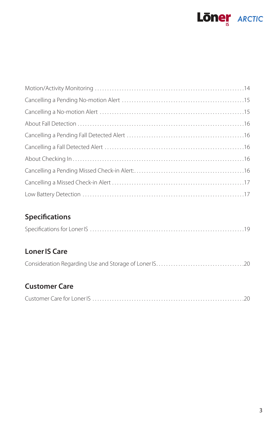 Specifications, Loner is care, Customer care | Blackline GPS Loner IS Arctic User Manual | Page 5 / 24