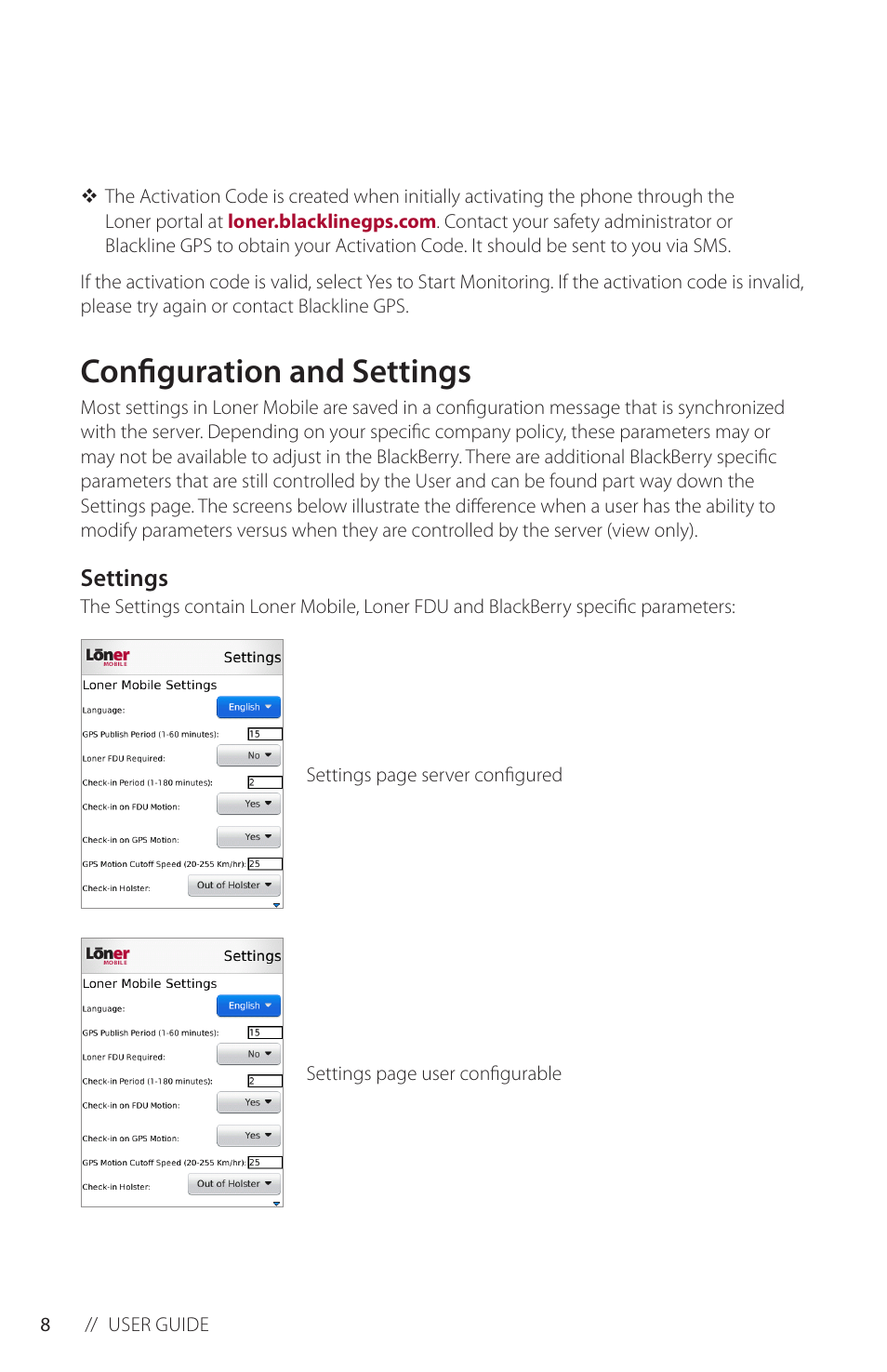 Configuration and settings, Settings | Blackline GPS Loner Mobile User Manual | Page 10 / 28