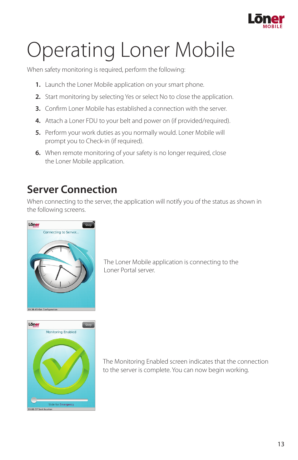 Operating loner mobile, Server connection | Blackline GPS Loner Mobile User Manual | Page 15 / 28