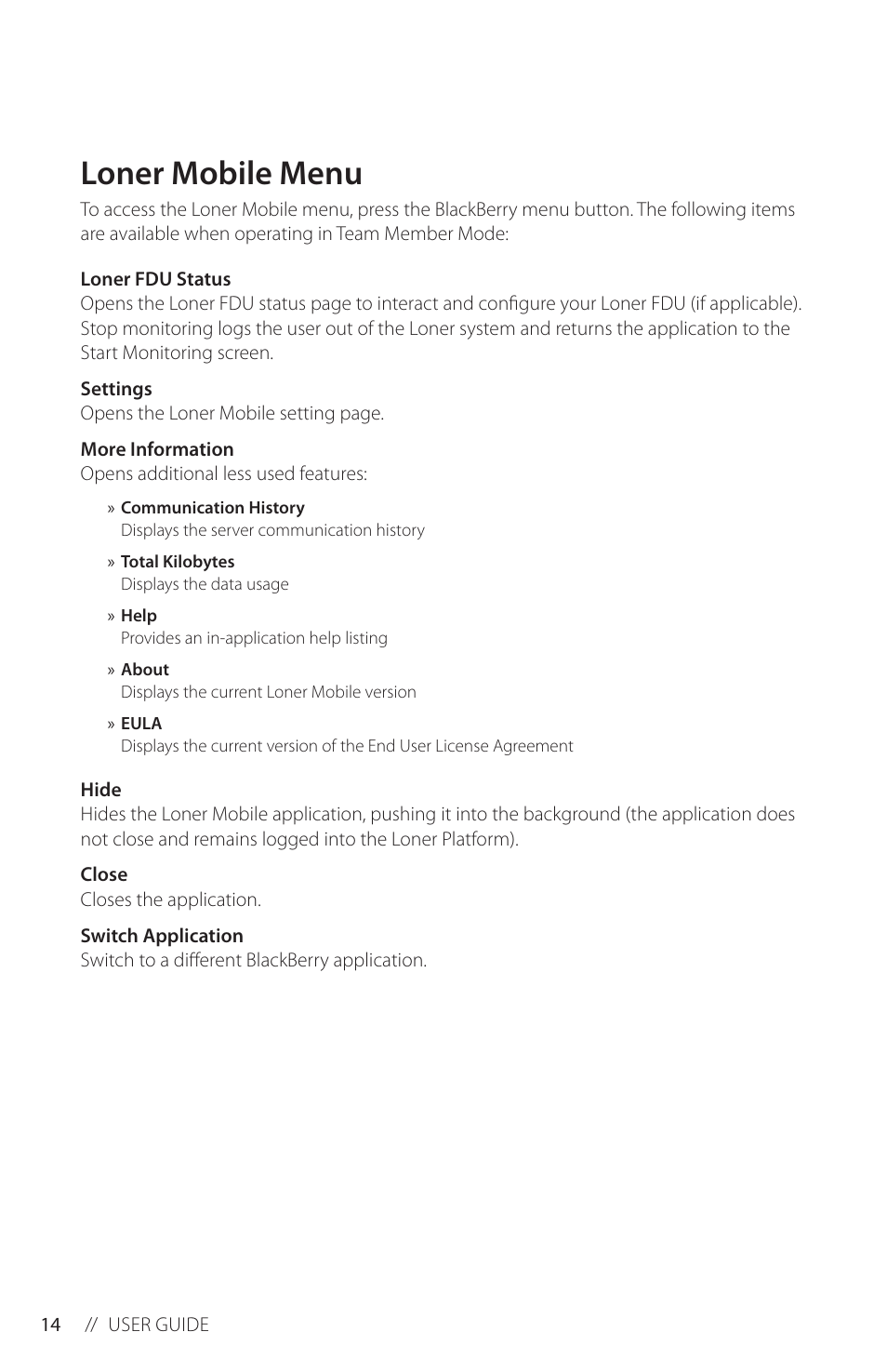 Loner mobile menu | Blackline GPS Loner Mobile User Manual | Page 16 / 28