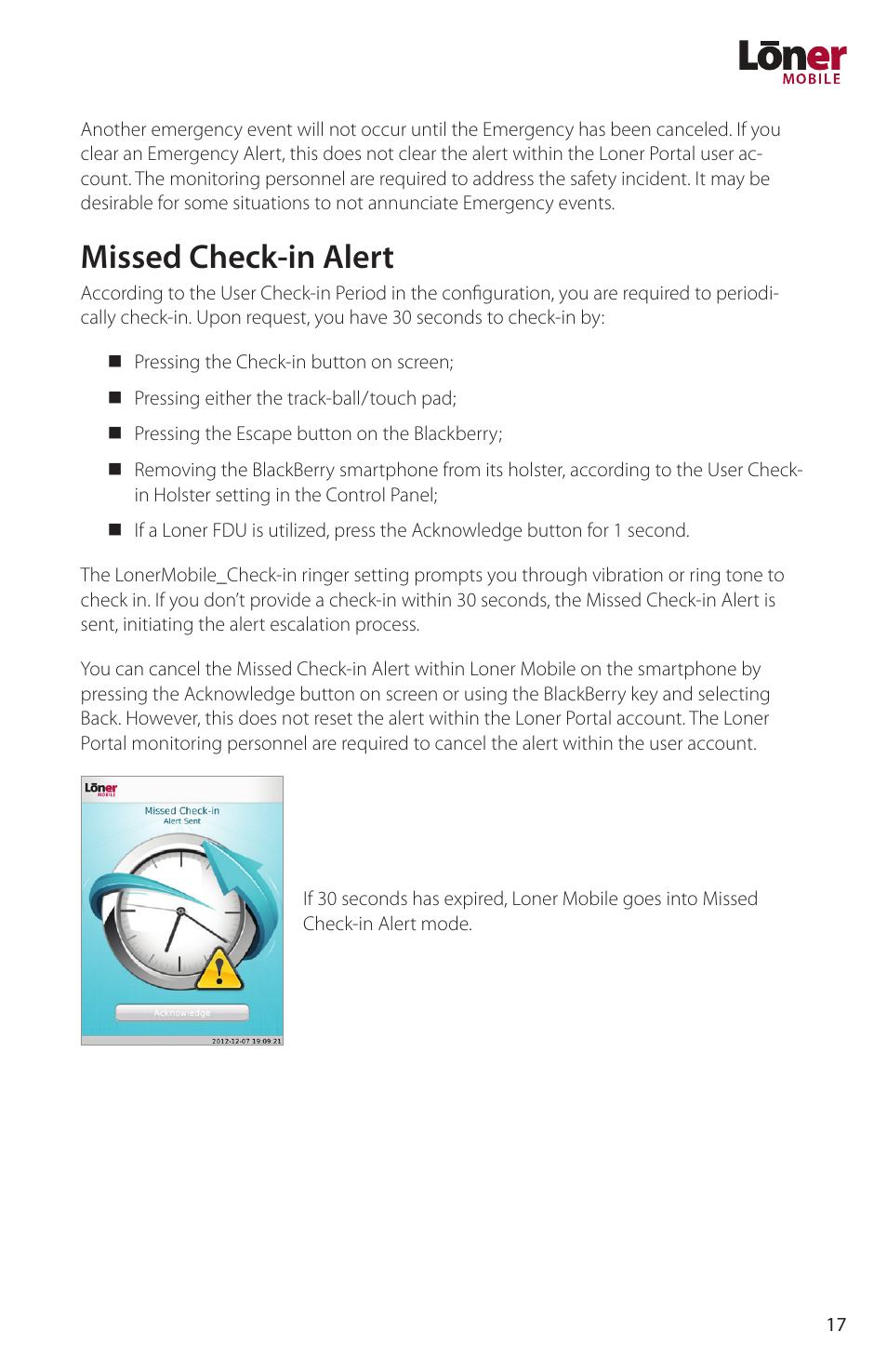 Missed check-in alert | Blackline GPS Loner Mobile User Manual | Page 19 / 28