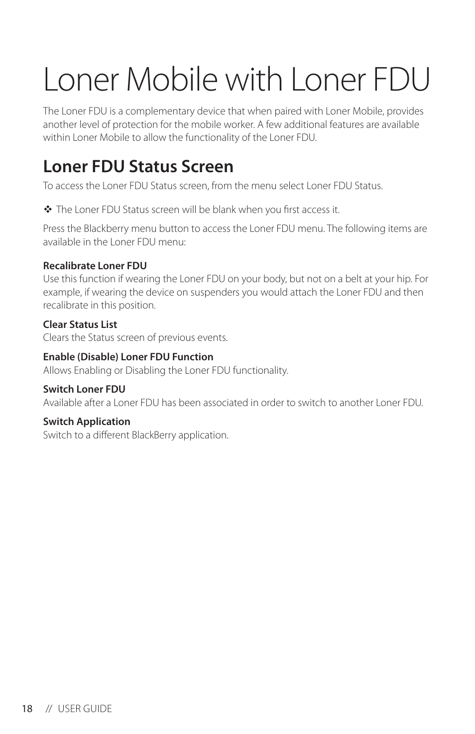 Loner mobile with loner fdu, Loner fdu status screen | Blackline GPS Loner Mobile User Manual | Page 20 / 28