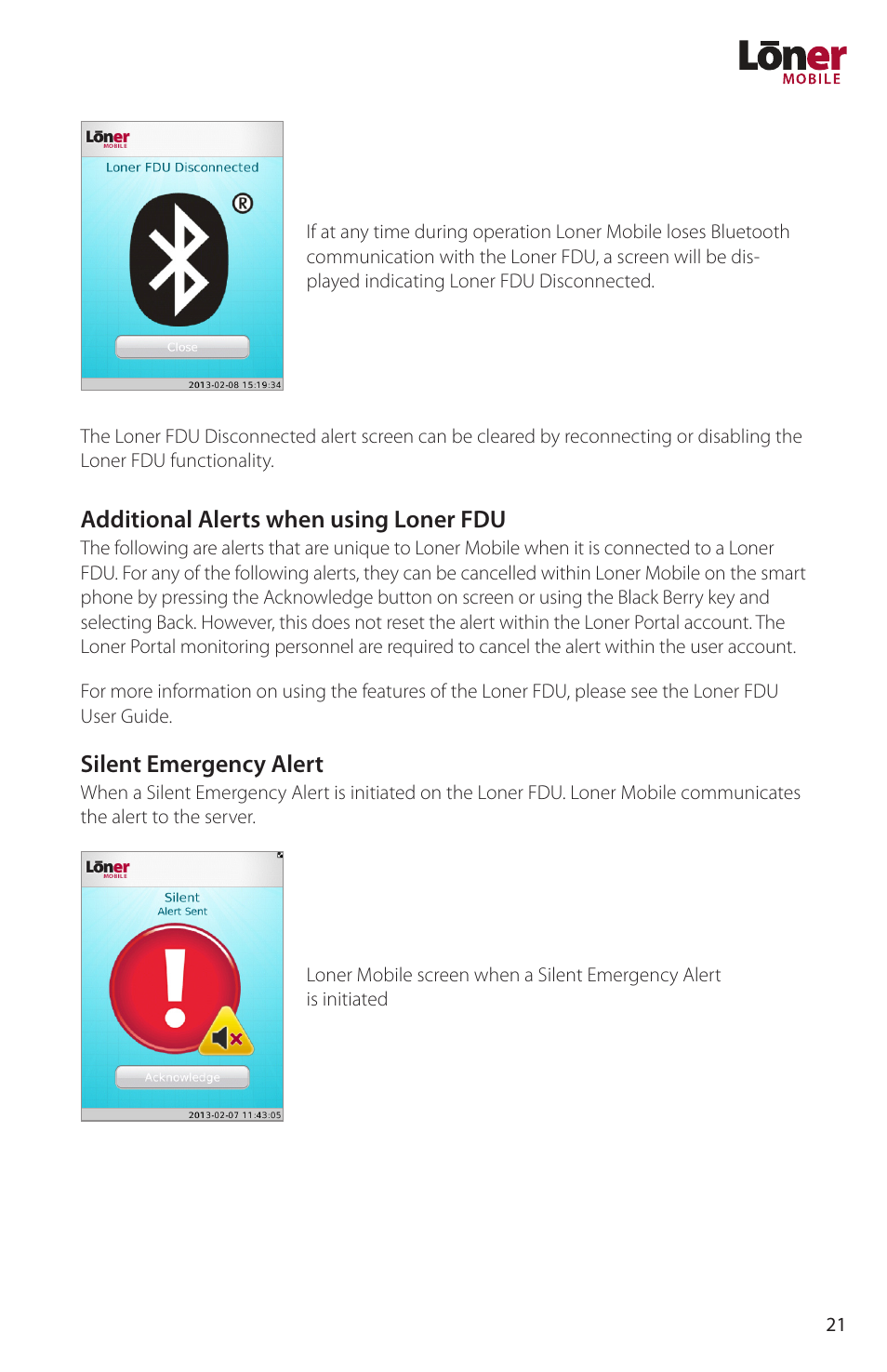 Additional alerts when using loner fdu, Silent emergency alert | Blackline GPS Loner Mobile User Manual | Page 23 / 28