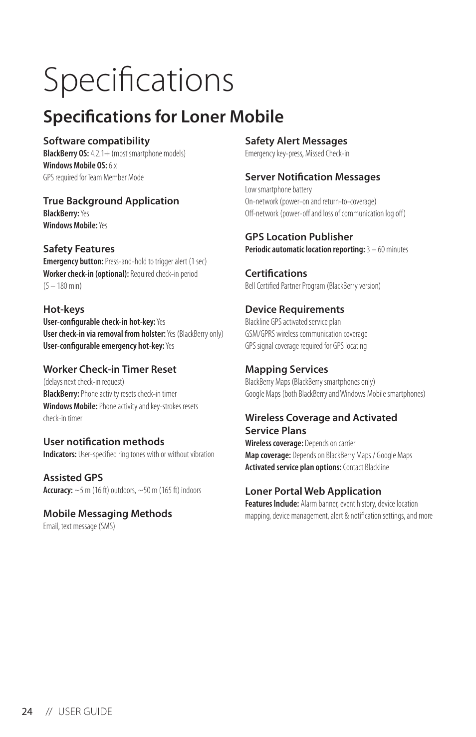 Specifications, Specifications for loner mobile | Blackline GPS Loner Mobile User Manual | Page 26 / 28