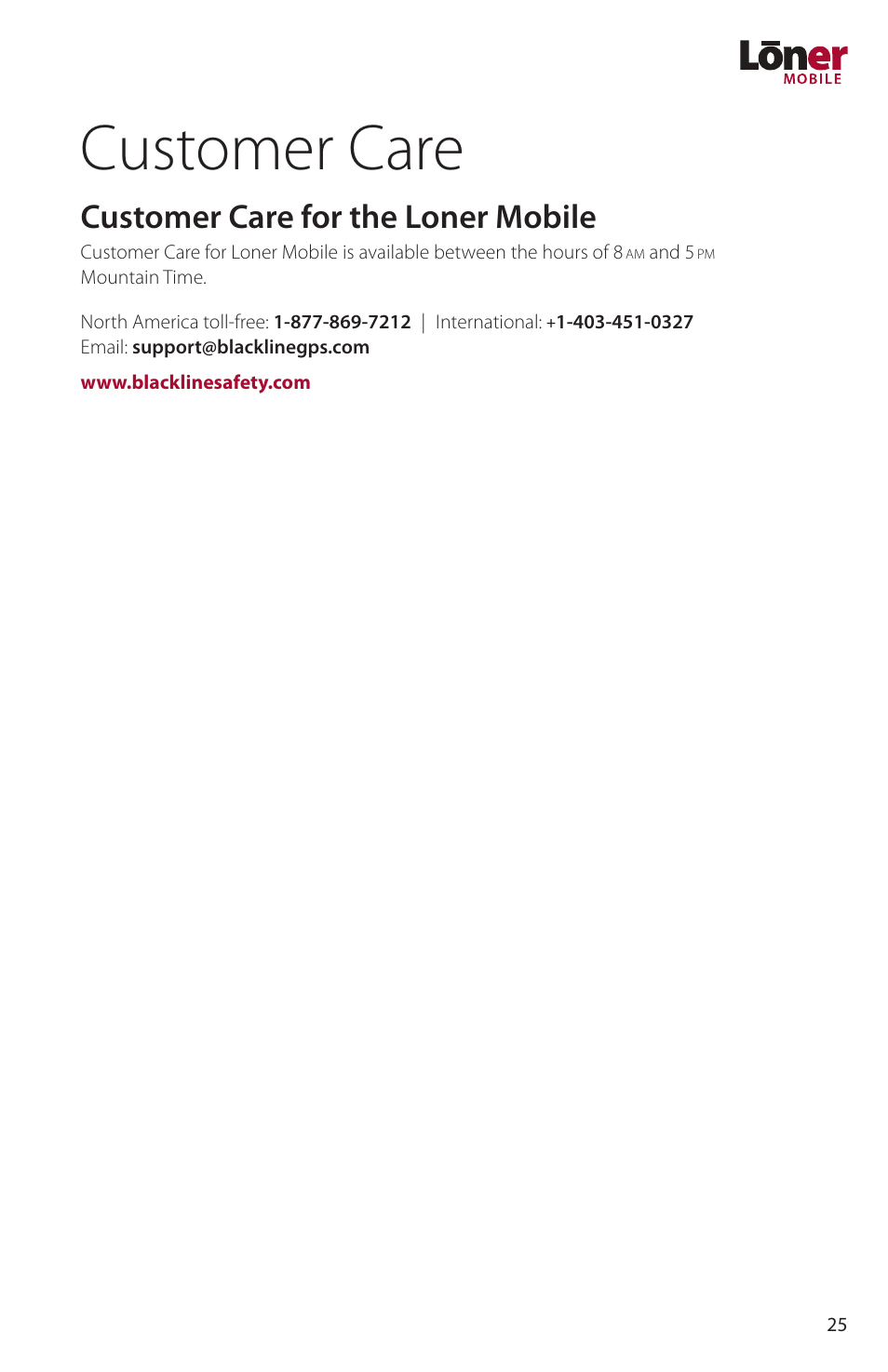 Customer care, Customer care for the loner mobile | Blackline GPS Loner Mobile User Manual | Page 27 / 28