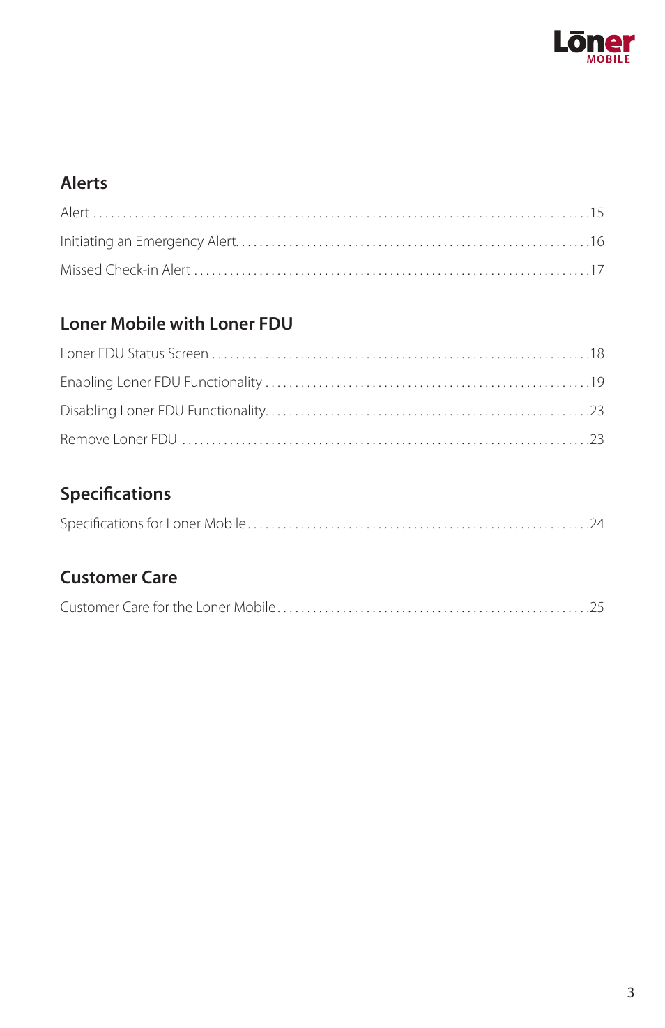 Alerts, Loner mobile with loner fdu, Specifications | Customer care | Blackline GPS Loner Mobile User Manual | Page 5 / 28