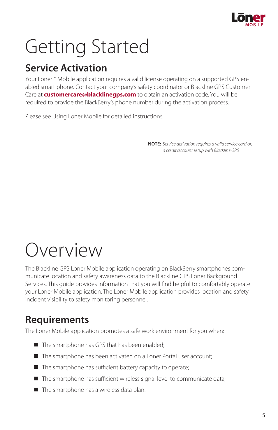 Getting started, Service activation, Overview | Requirements | Blackline GPS Loner Mobile User Manual | Page 7 / 28
