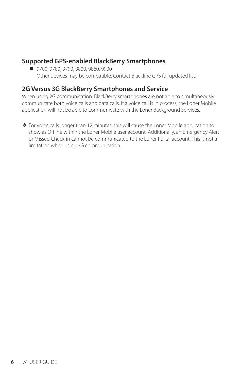 Supported gps-enabled blackberry smartphones, 2g versus 3g blackberry smartphones and service | Blackline GPS Loner Mobile User Manual | Page 8 / 28