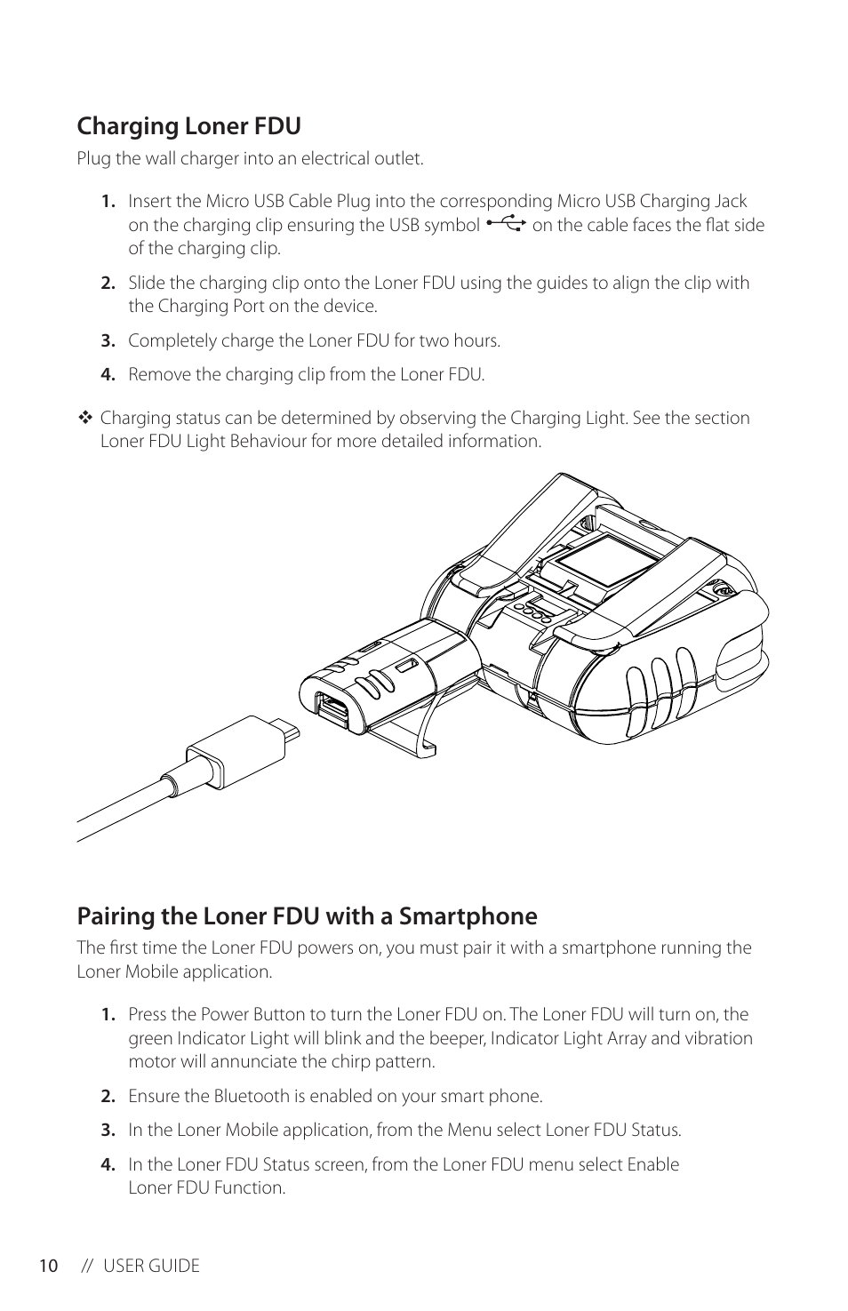 Pairing the loner fdu with a smartphone, Charging loner fdu | Blackline GPS Loner FDU User Manual | Page 12 / 24