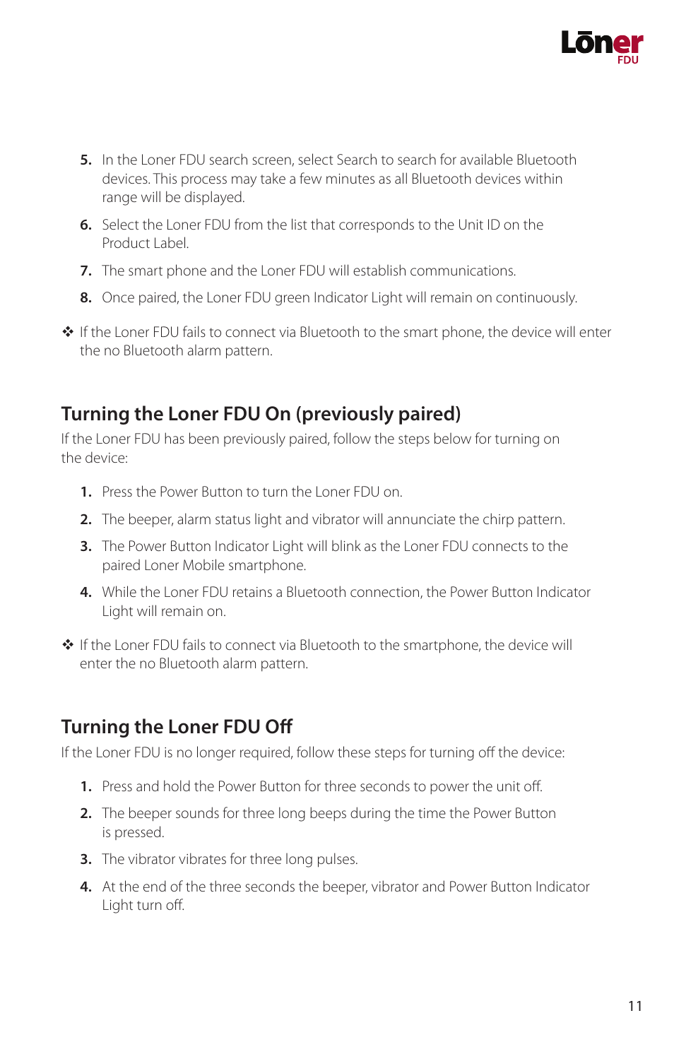 Turning the loner fdu on (previously paired), Turning the loner fdu off | Blackline GPS Loner FDU User Manual | Page 13 / 24