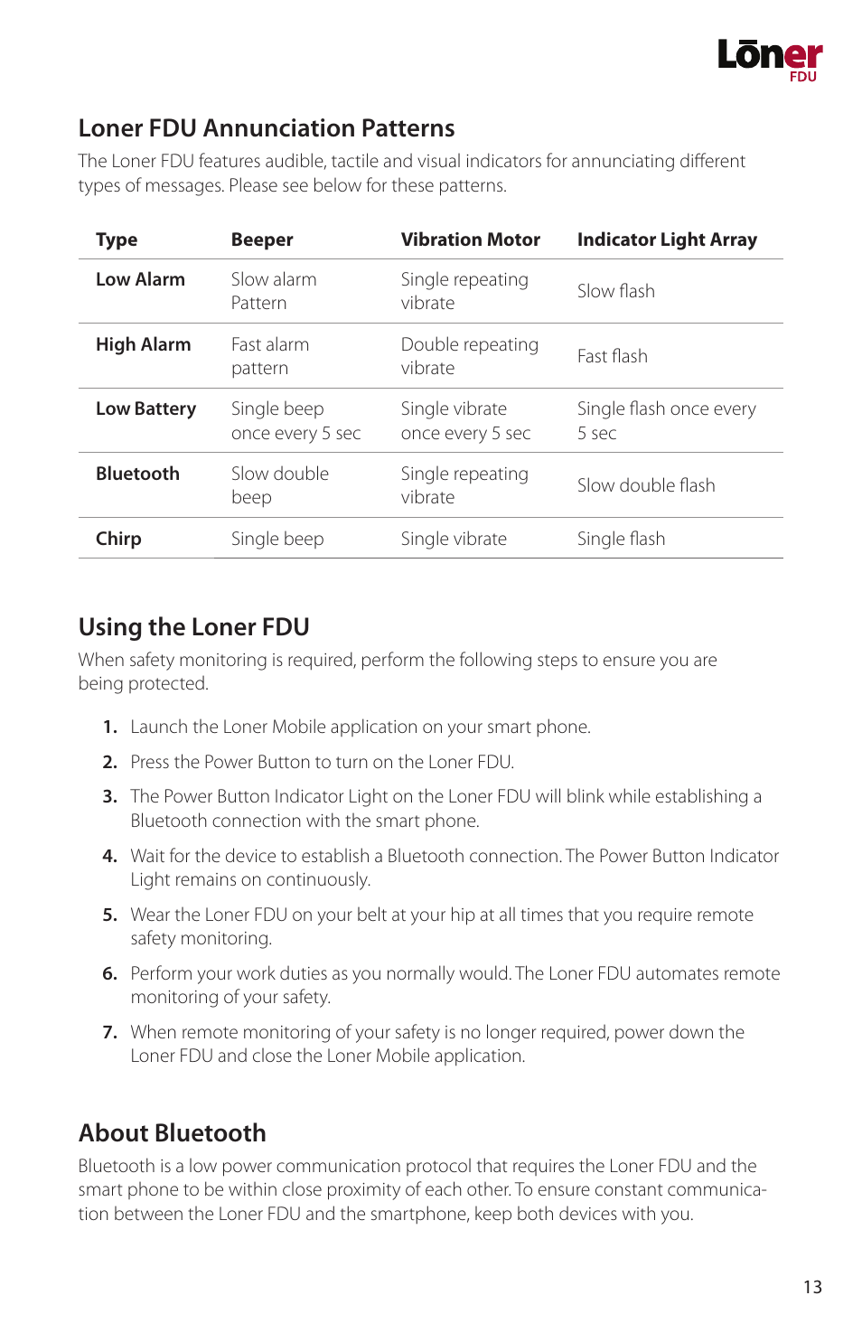 Loner fdu annunciation patterns, Using the loner fdu, About bluetooth | Blackline GPS Loner FDU User Manual | Page 15 / 24