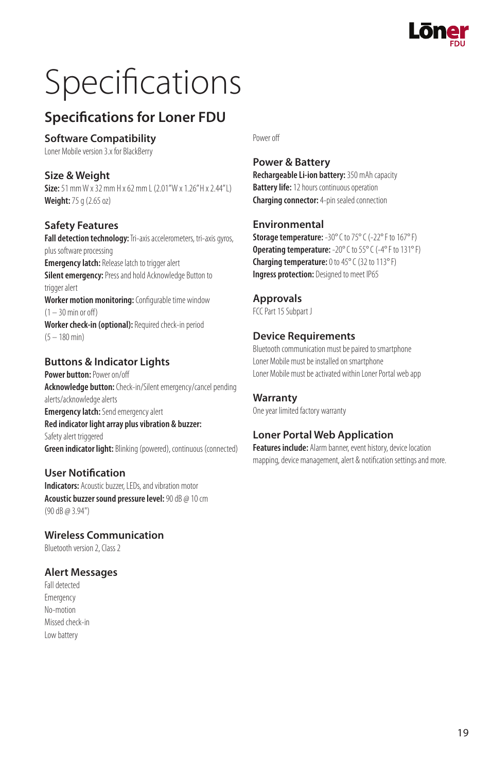 Specifications, Specifications for loner fdu | Blackline GPS Loner FDU User Manual | Page 21 / 24