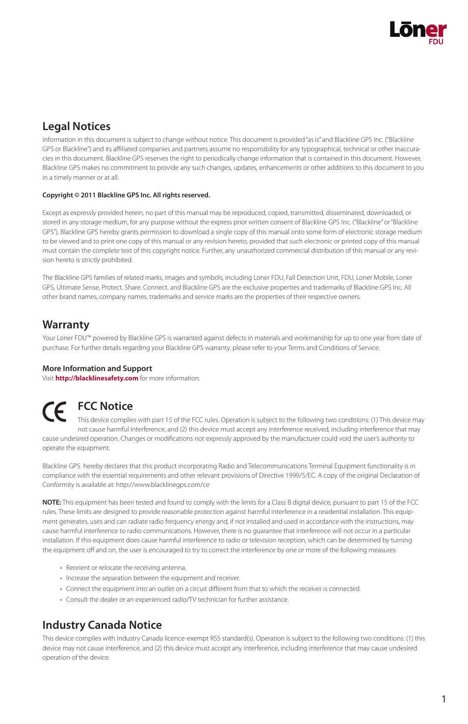 Legal notices, Warranty, Fcc notice | Industry canada notice | Blackline GPS Loner FDU User Manual | Page 3 / 24