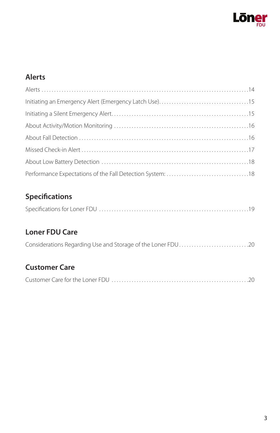 Alerts, Specifications, Loner fdu care | Customer care | Blackline GPS Loner FDU User Manual | Page 5 / 24