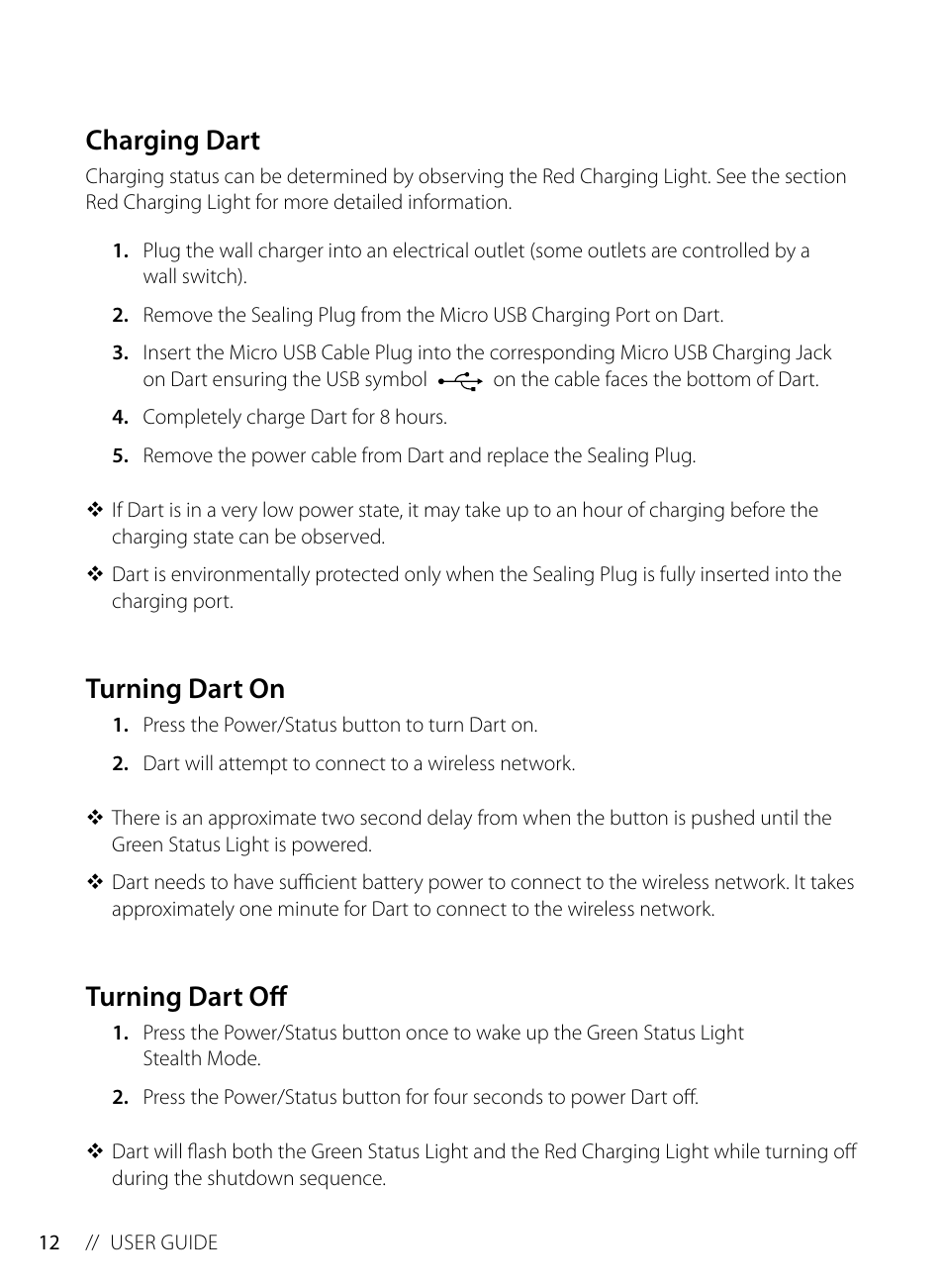 Charging dart, Turning dart on, Turning dart off | Blackline GPS Dart User Manual | Page 14 / 24