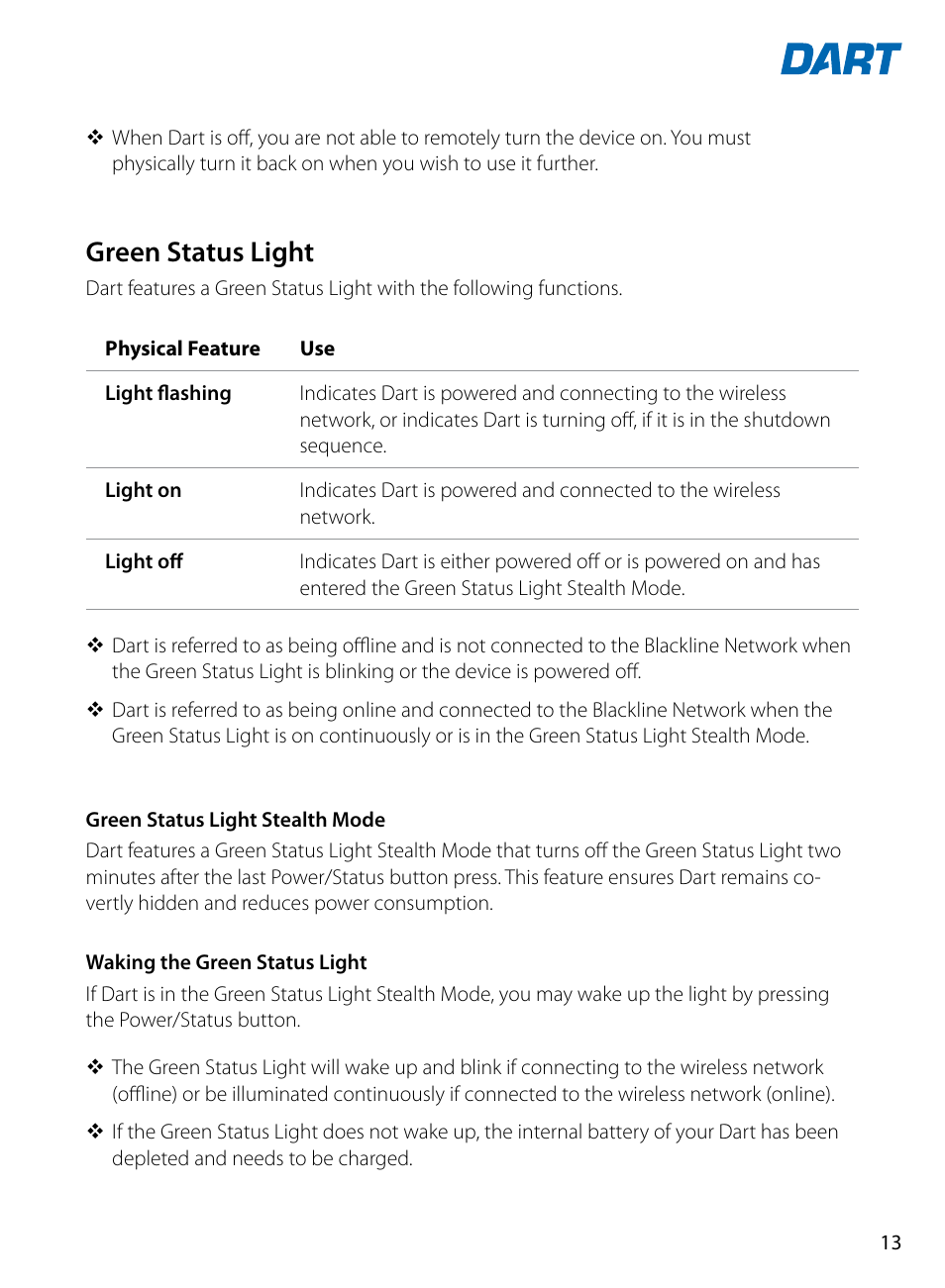 Green status light | Blackline GPS Dart User Manual | Page 15 / 24