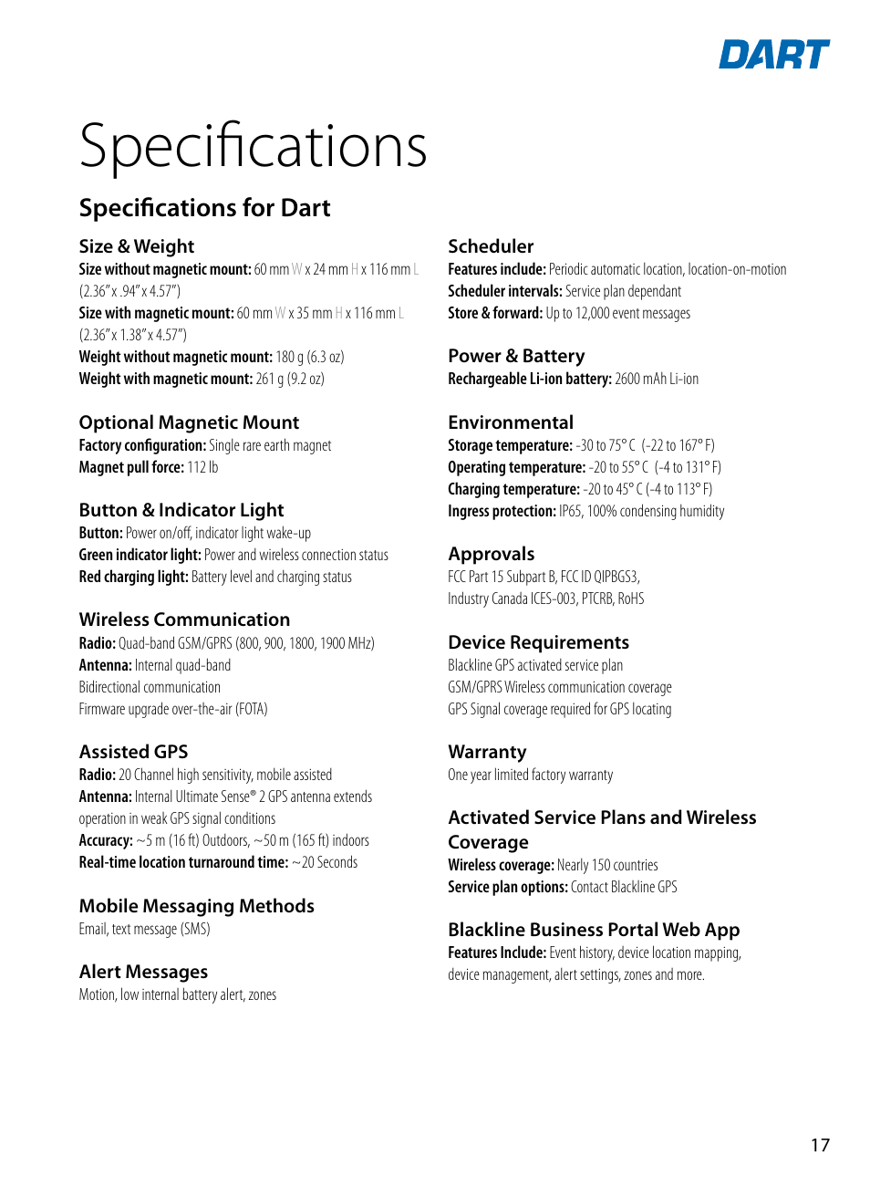 Specifications, Specifications for dart | Blackline GPS Dart User Manual | Page 19 / 24