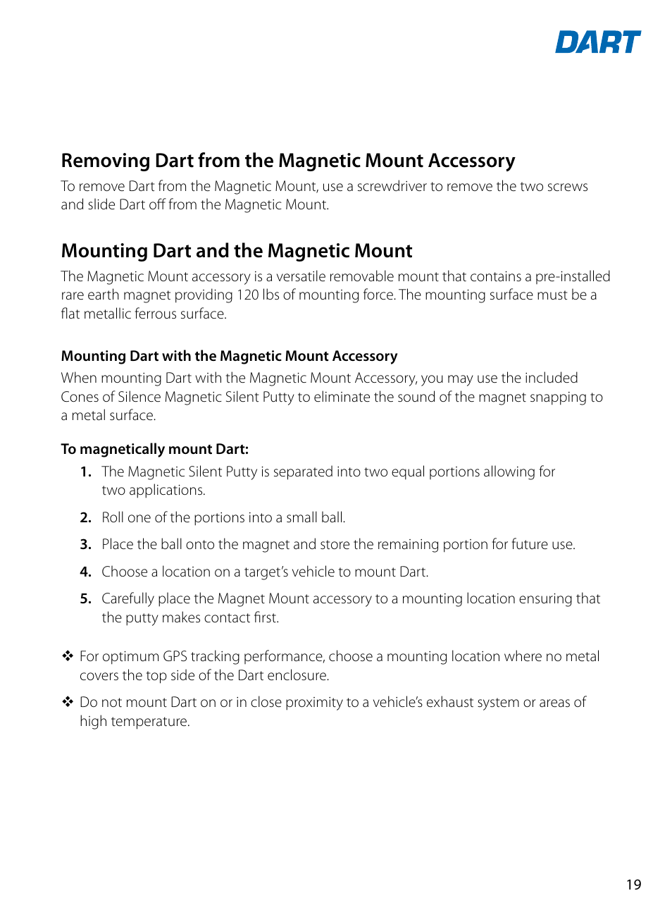 Removing dart from the magnetic mount accessory, Mounting dart and the magnetic mount | Blackline GPS Dart User Manual | Page 21 / 24