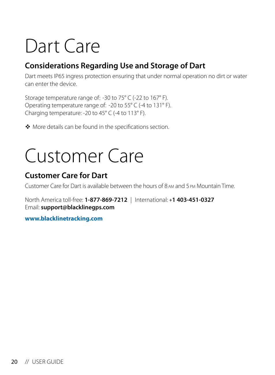 Dart care, Considerations regarding use and storage of dart, Customer care | Customer care for dart | Blackline GPS Dart User Manual | Page 22 / 24
