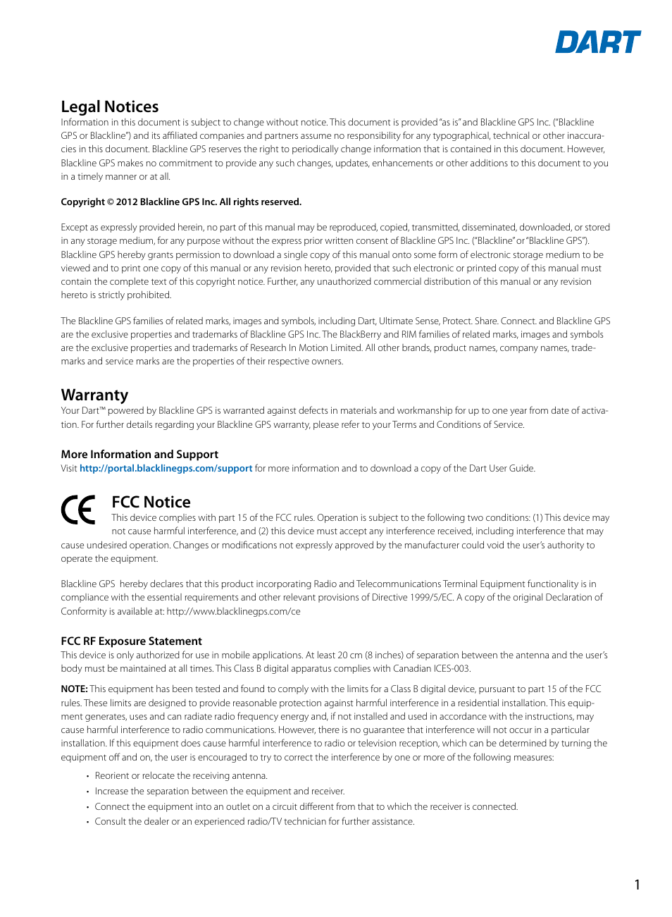 Legal notices, Warranty, Fcc notice | Blackline GPS Dart User Manual | Page 3 / 24