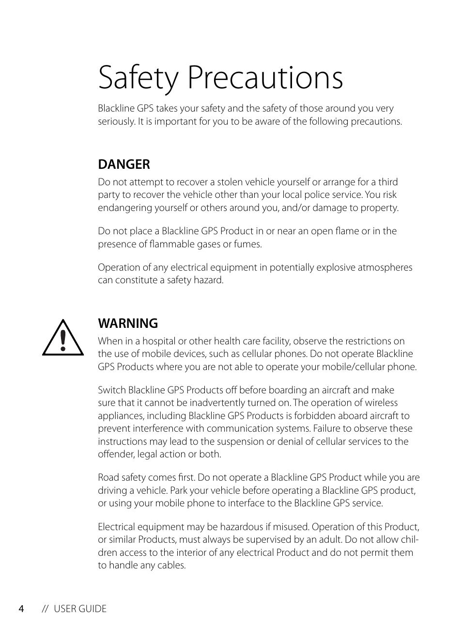 Safety precautions, Danger, Warning | Blackline GPS Dart User Manual | Page 6 / 24