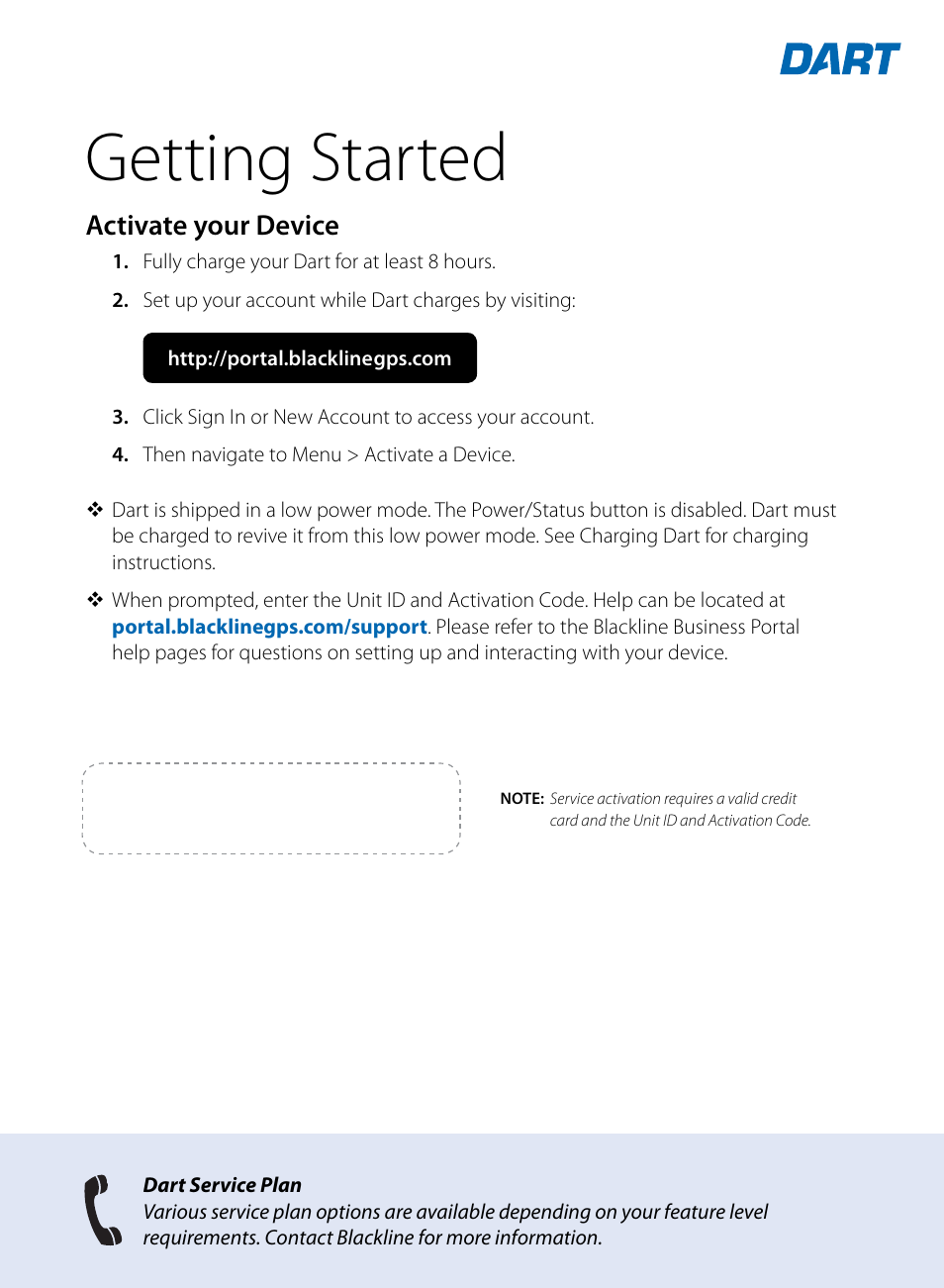 Getting started, Activate your device | Blackline GPS Dart User Manual | Page 9 / 24
