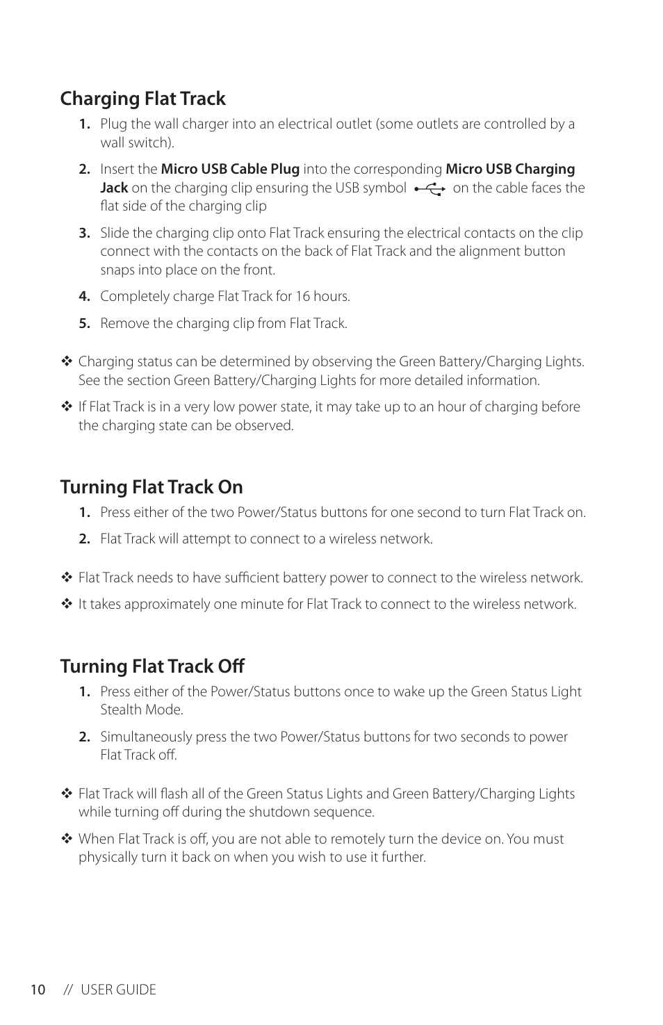 Charging flat track, Turning flat track on, Turning flat track off | Blackline GPS Flat Track User Manual | Page 12 / 20