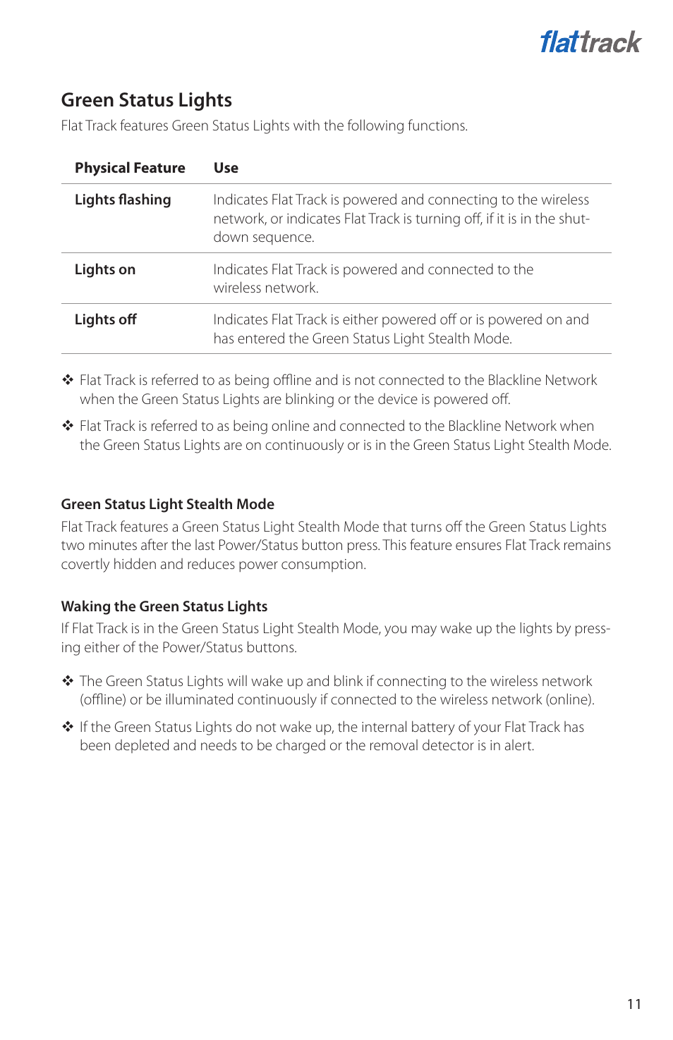 Green status light, Green status lights | Blackline GPS Flat Track User Manual | Page 13 / 20