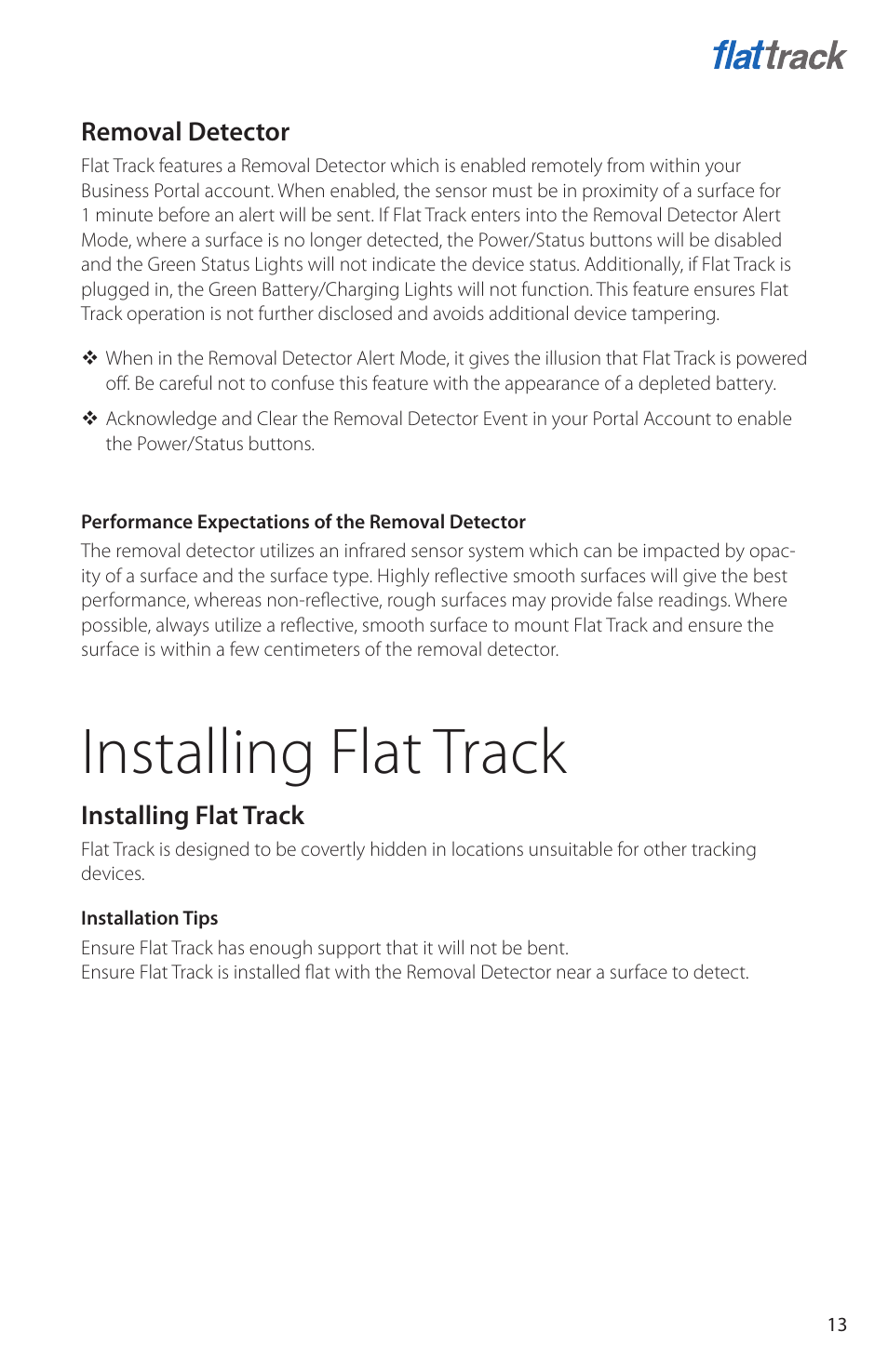 Removal detector, Installing flat track | Blackline GPS Flat Track User Manual | Page 15 / 20