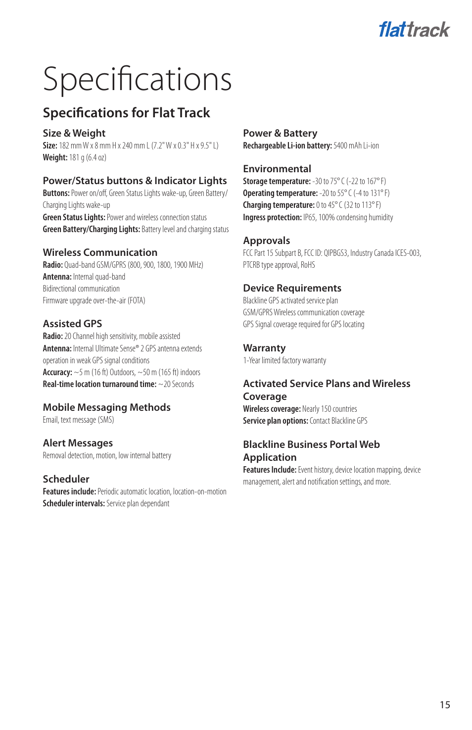 Specifications, Specifications for flat track | Blackline GPS Flat Track User Manual | Page 17 / 20