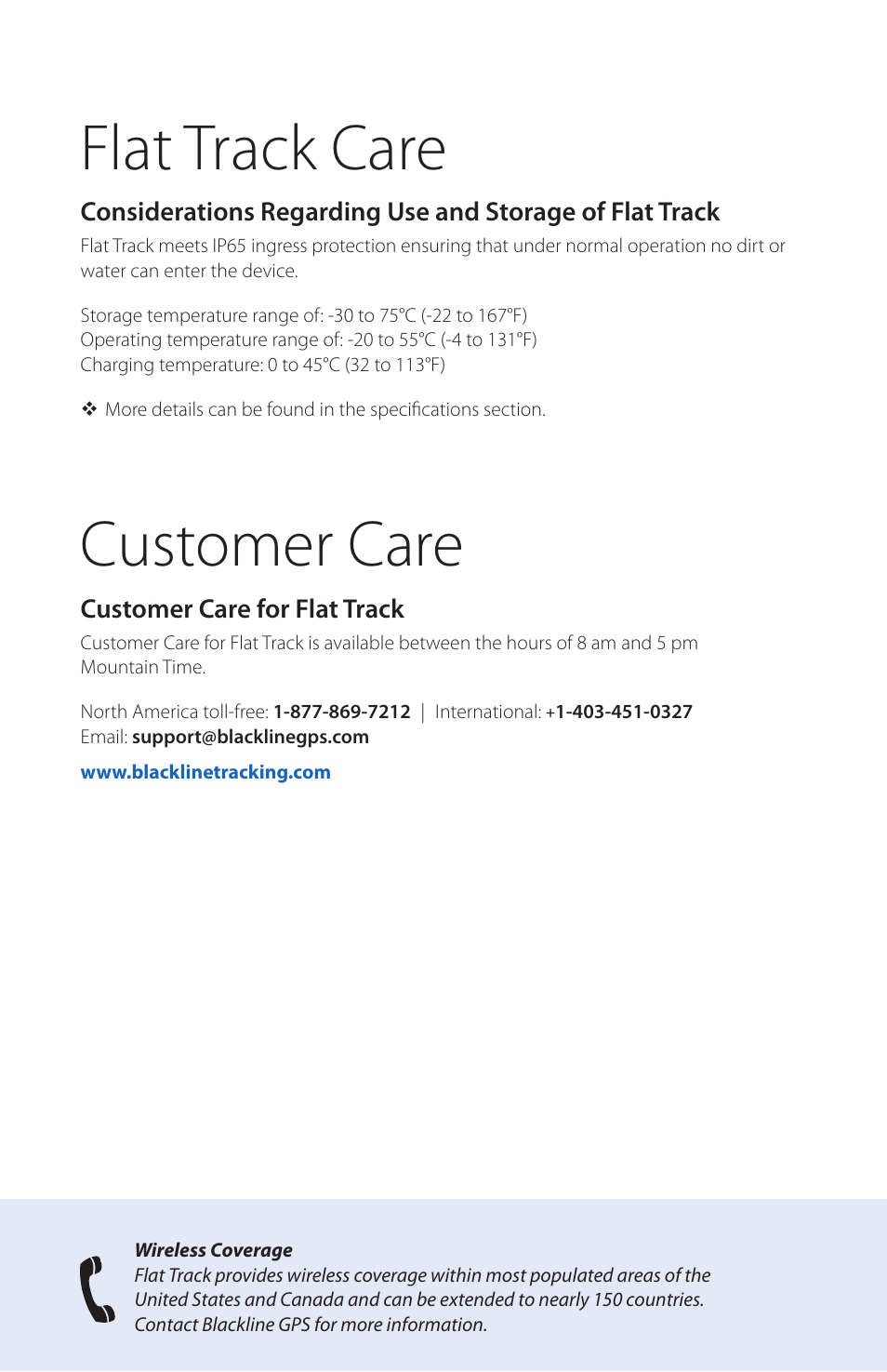 Flat track care, Customer care, Customer care for flat track | Blackline GPS Flat Track User Manual | Page 18 / 20