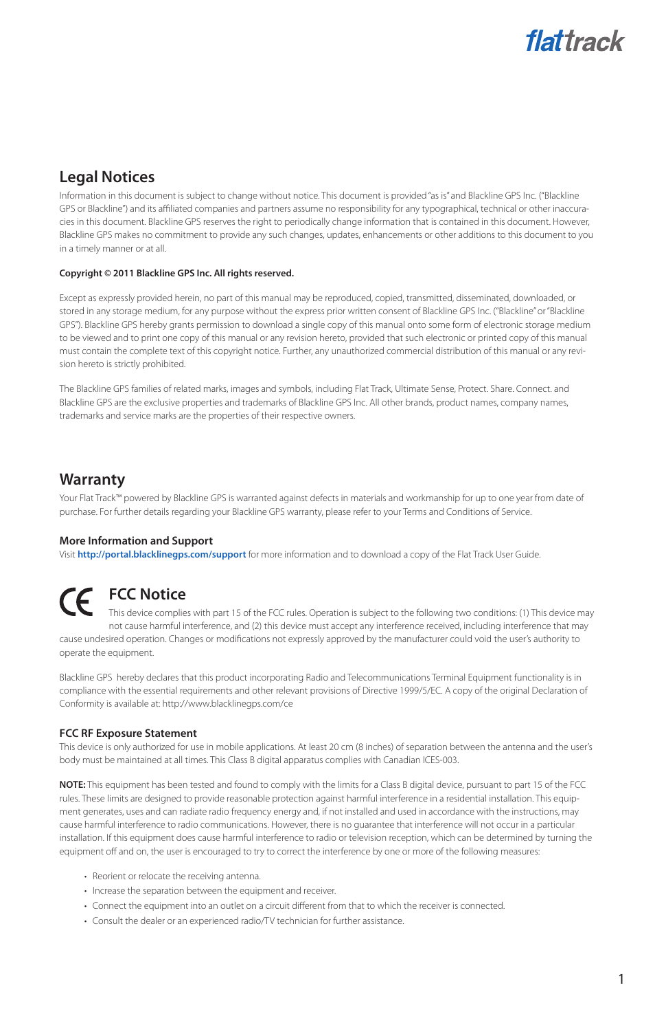 Legal notices, Warranty, Fcc notice | Blackline GPS Flat Track User Manual | Page 3 / 20