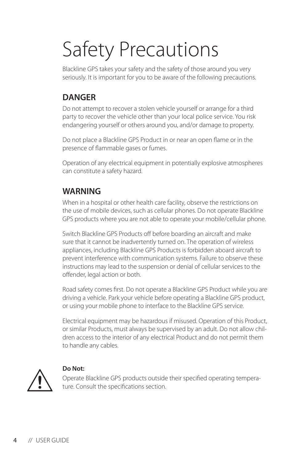 Safety precautions, Danger, Warning | Blackline GPS Flat Track User Manual | Page 6 / 20