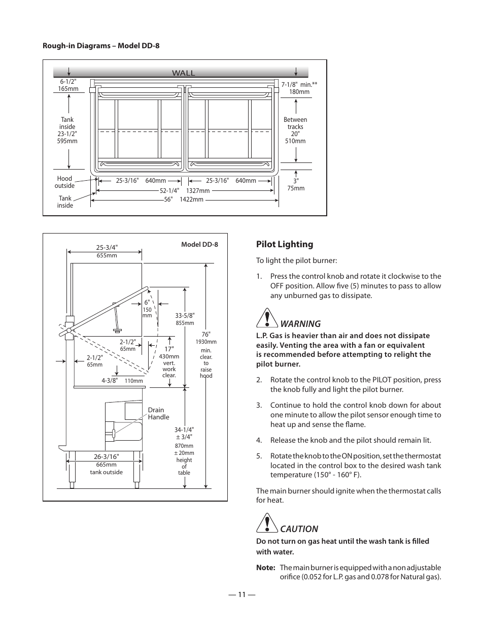 Pilot lighting, Warning, Caution | Blakeslee DD-8 User Manual | Page 11 / 28