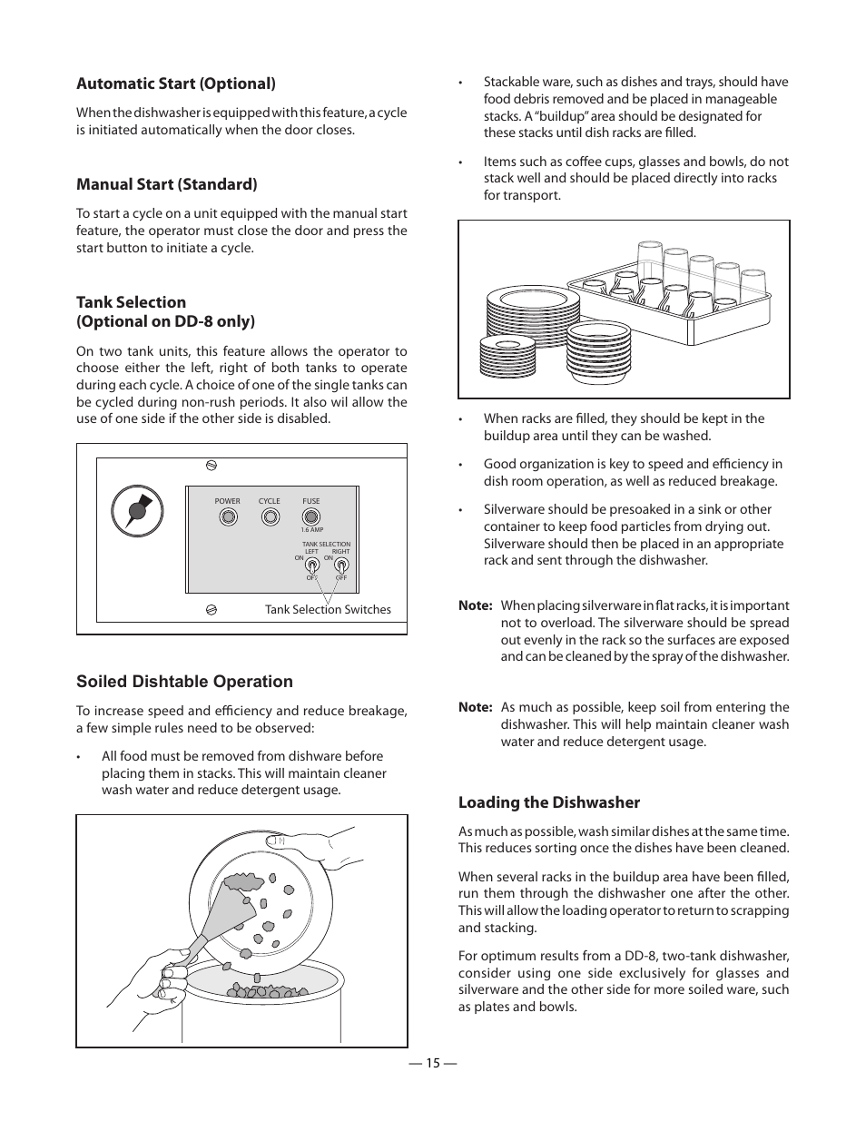 Automatic start (optional), Manual start (standard), Tank selection (optional on dd-8 only) | Soiled dishtable operation, Loading the dishwasher | Blakeslee DD-8 User Manual | Page 15 / 28