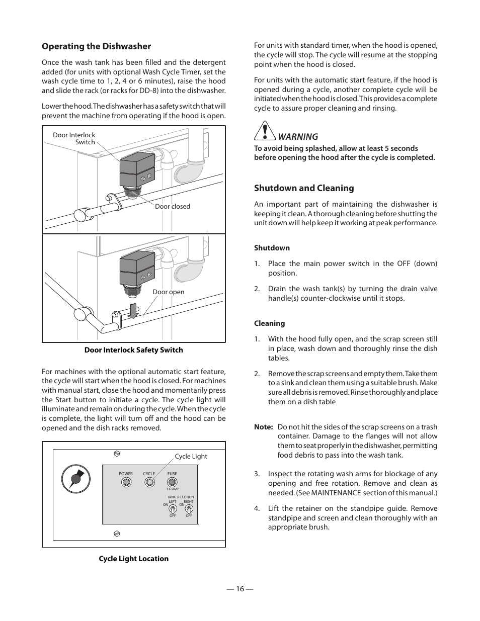 Operating the dishwasher, Warning, Shutdown and cleaning | Blakeslee DD-8 User Manual | Page 16 / 28