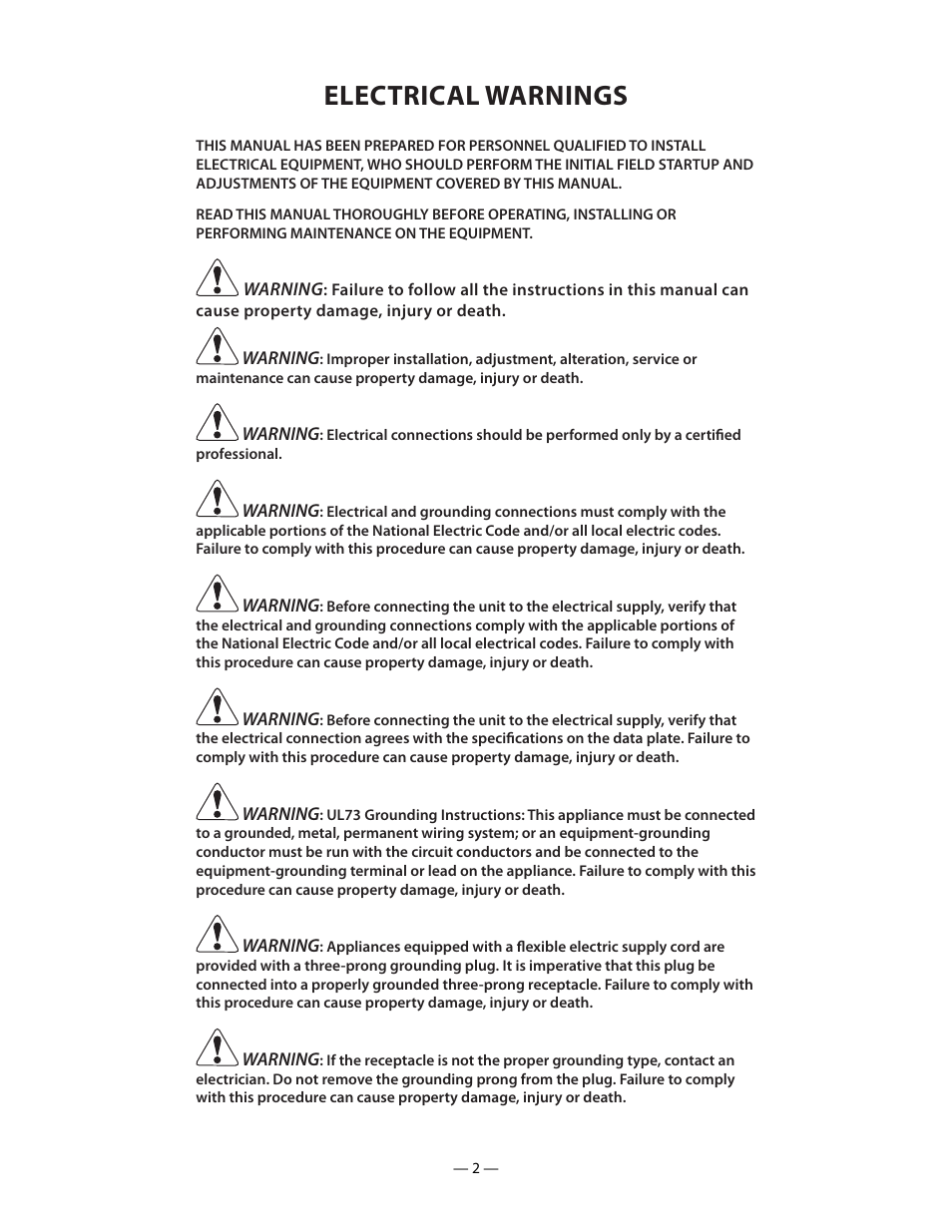 Electrical warnings | Blakeslee DD-8 User Manual | Page 2 / 28