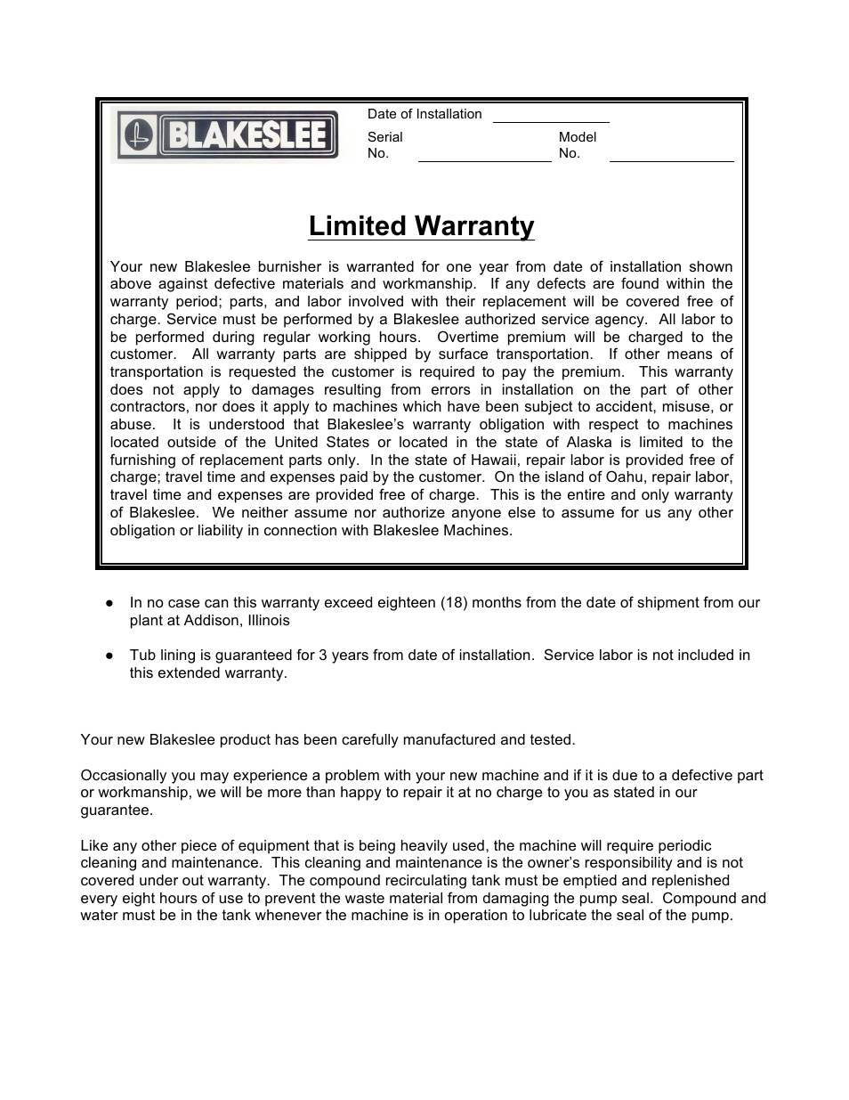 Limited warranty | Blakeslee BB1224 User Manual | Page 2 / 30