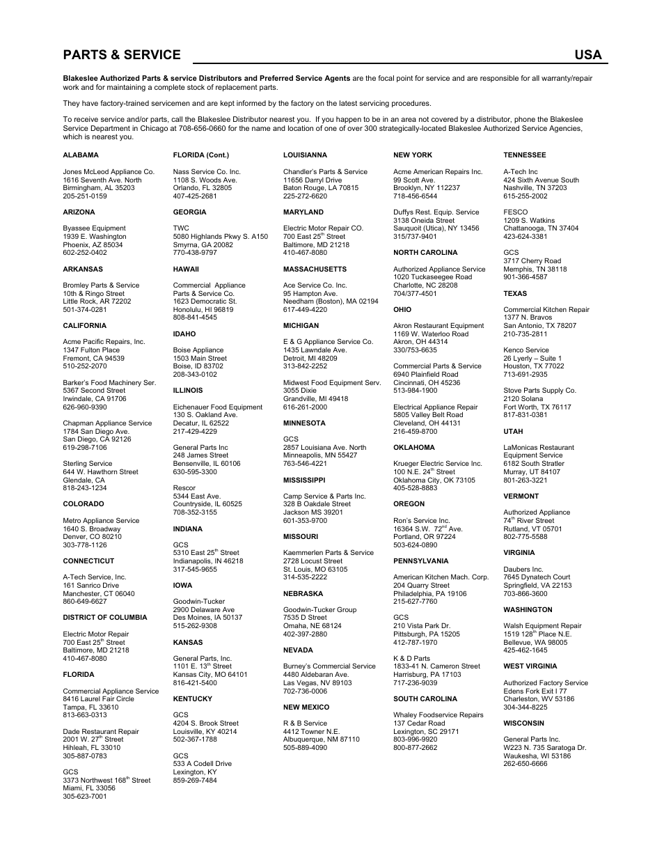 Parts & service usa | Blakeslee BB1224 User Manual | Page 26 / 30