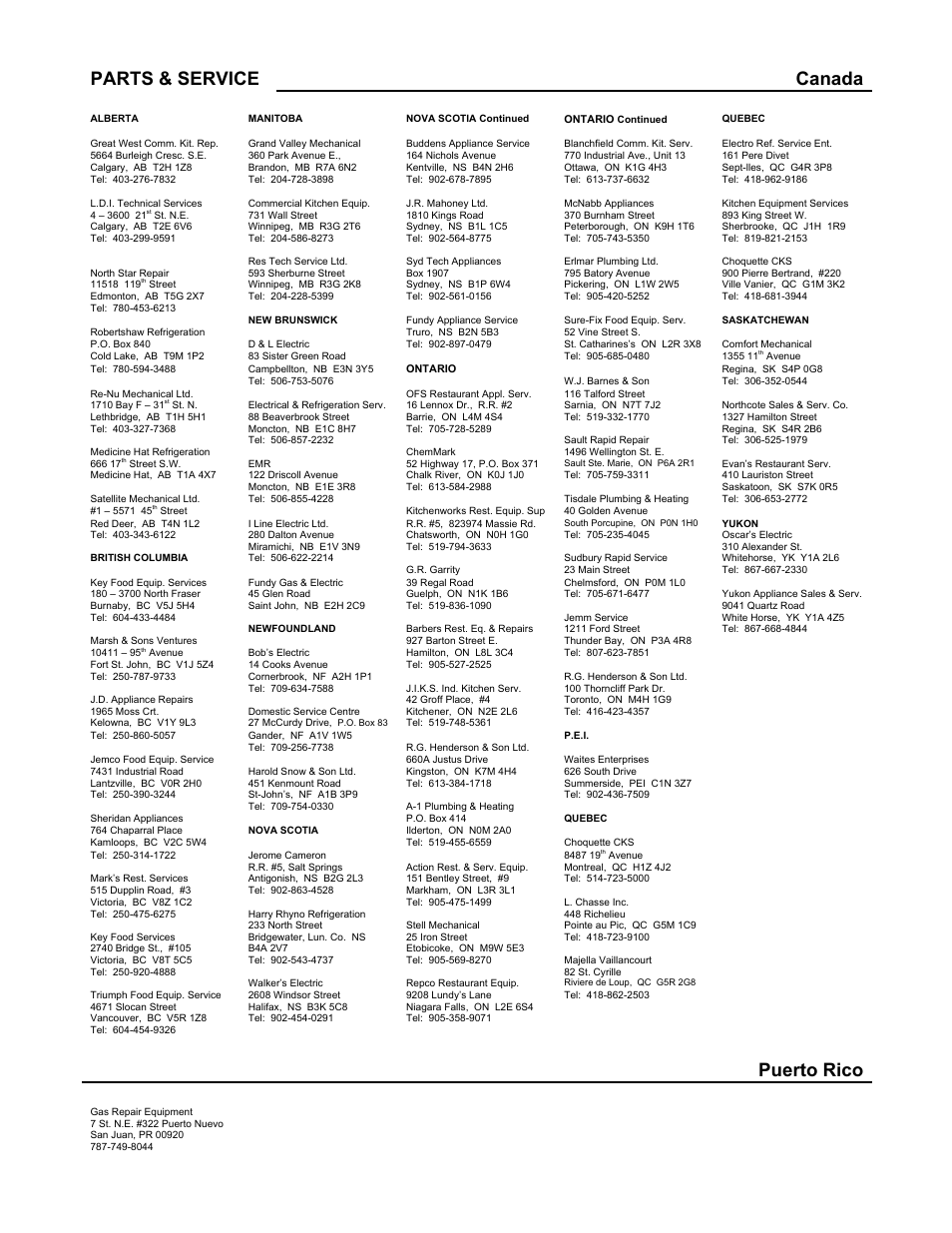 Parts & service canada, Puerto rico | Blakeslee BB1224 User Manual | Page 27 / 30