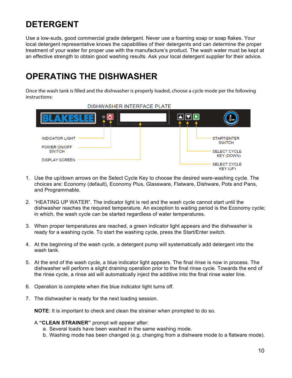 Detergent, Operating the dishwasher | Blakeslee UC-20 User Manual | Page 11 / 32