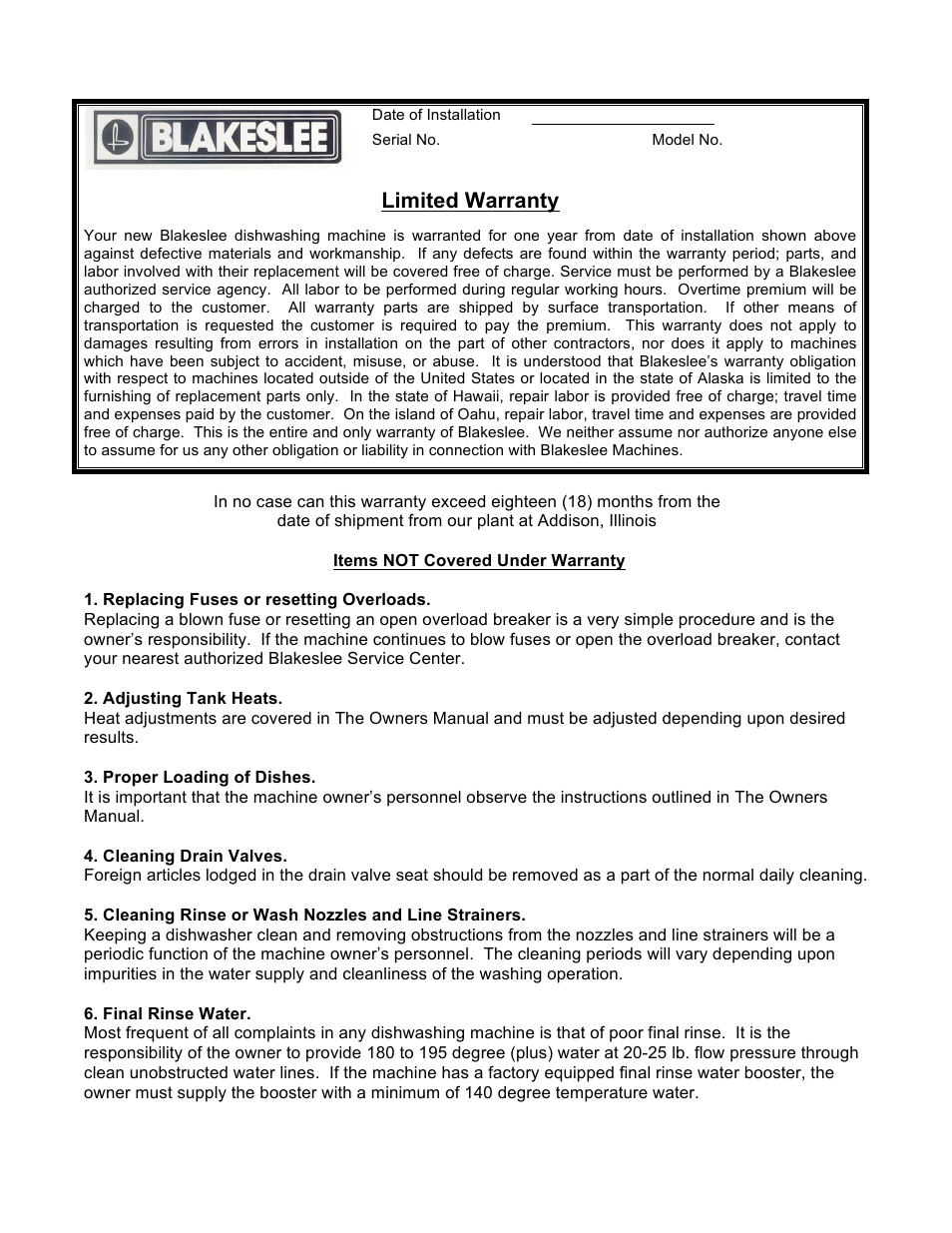 Limited warranty | Blakeslee UC-20 User Manual | Page 29 / 32