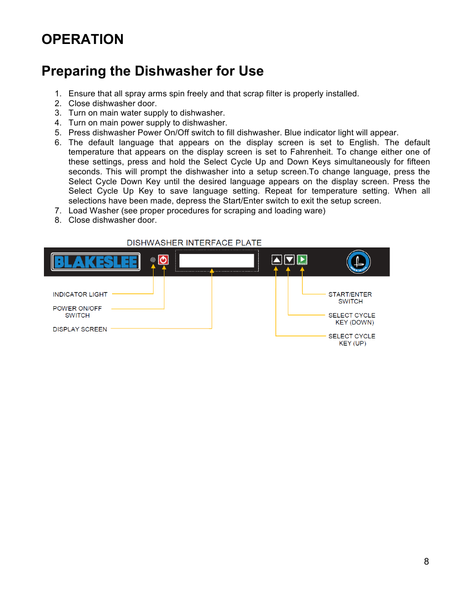 Operation preparing the dishwasher for use | Blakeslee UC-20 User Manual | Page 9 / 32