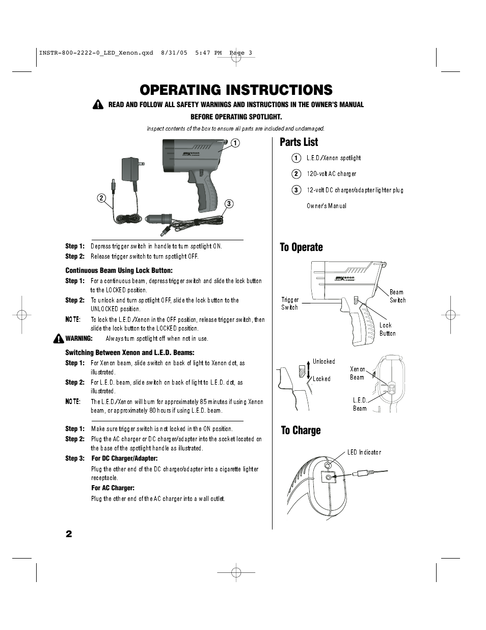Operating instructions, Parts list | Brinkmann SpotLight User Manual | Page 2 / 4