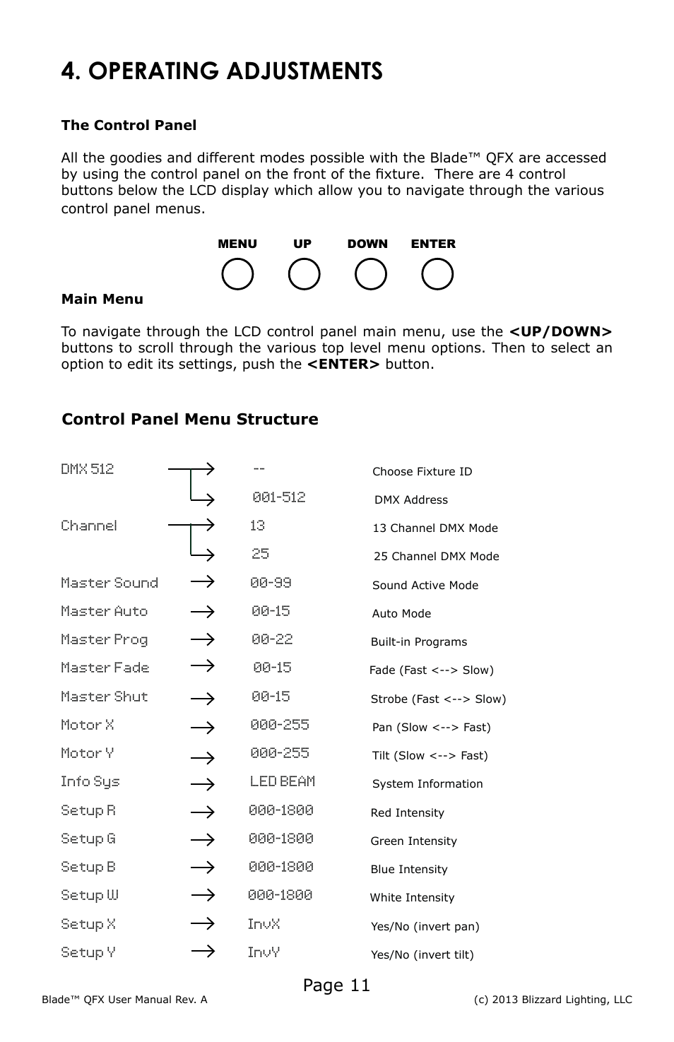 Operating adjustments, Dmx 512, Channel 13 | Master sound 00-99, Master auto 00-15, Master prog 00-22, Master fade 00-15, Master shut 00-15, Info sys led beam, Setup x invx | Blizzard Lighting Blade QFX(Rev A) User Manual | Page 11 / 20